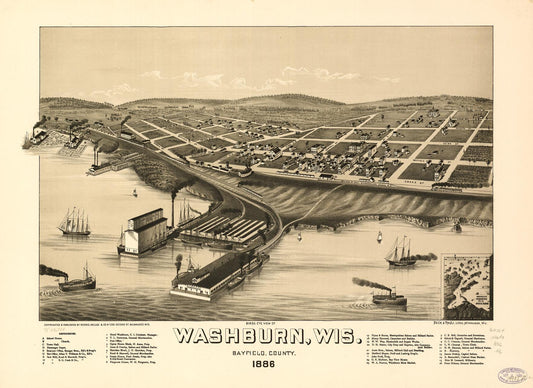 Birds eye view of Washburn, Wis. Bayfield County 1886. (1886) – Historic Bird’s-Eye View Panorama Print