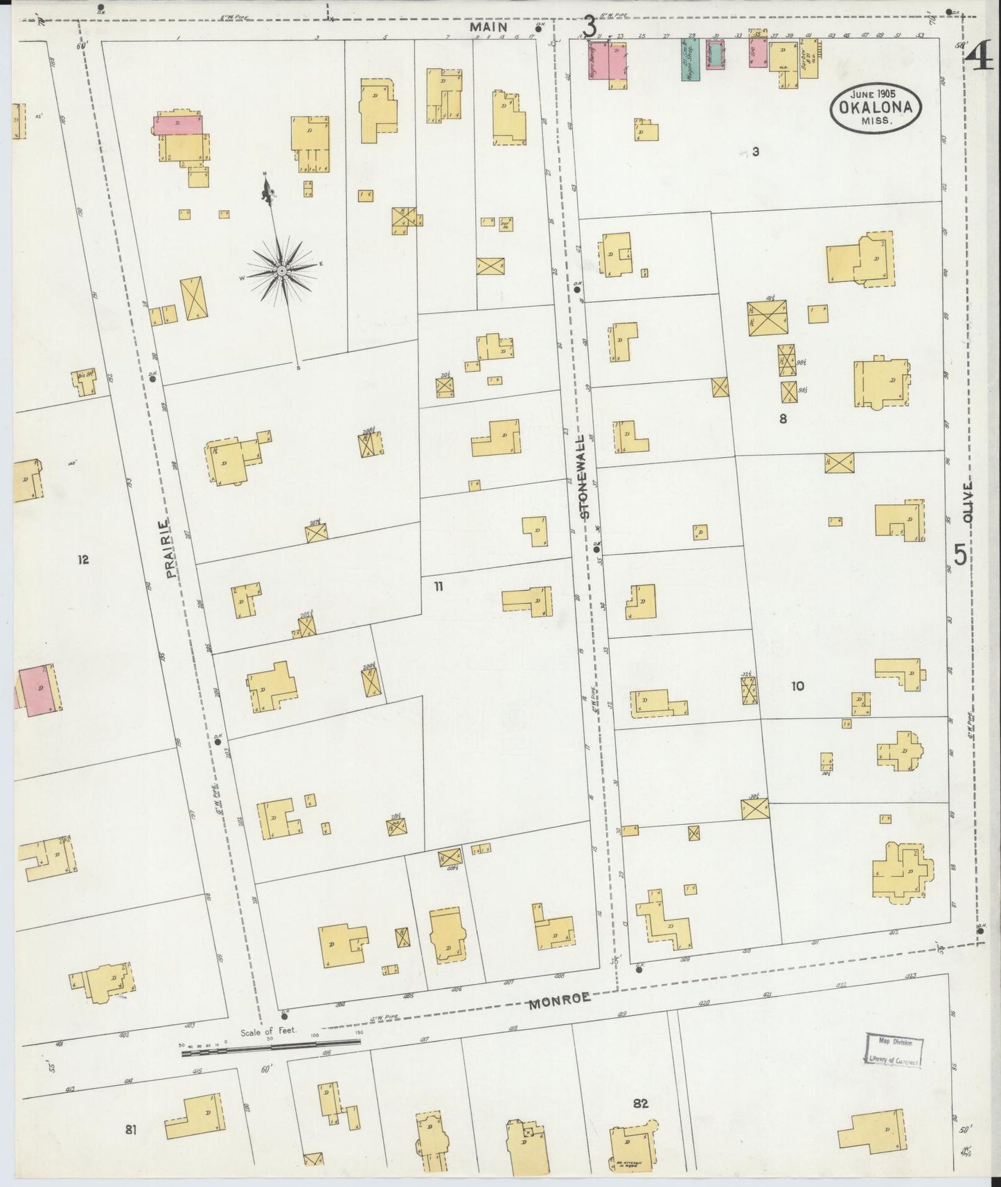 Sanborn Fire Insurance Map from Okolona, Chickasaw County, Mississippi (1905), Sheet #0004 - Historic Sanborn Fire Insurance Map Print, vintage old map wall art, antique decor, genealogy gift, Mississippi Mississippi map