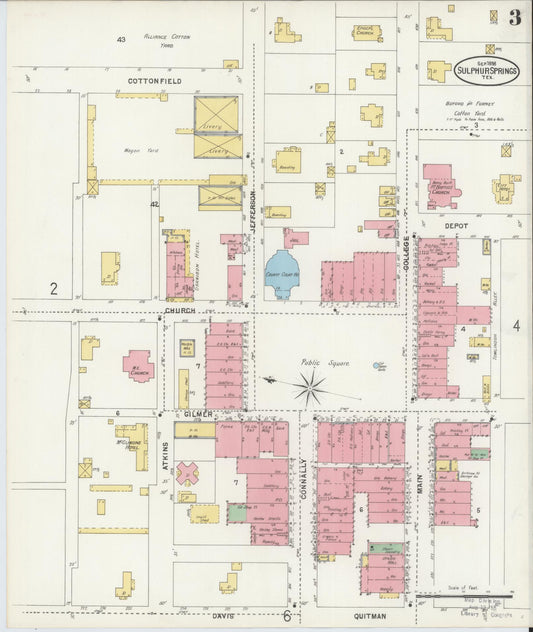 Sanborn Fire Insurance Map from Sulphur Springs, Hopkins County, Texas (1898), Sheet #0003 - Historic Sanborn Fire Insurance Map Print, vintage old map wall art, antique decor, genealogy gift, Texas Texas map