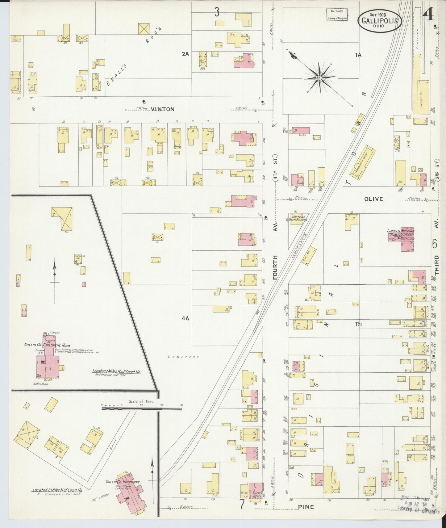 Sanborn Fire Insurance Map from Gallipolis, Gallia County, Ohio (1908), Sheet #0004 - Complete Map Set gallery image, historic Sanborn map, vintage wall art, Ohio Ohio