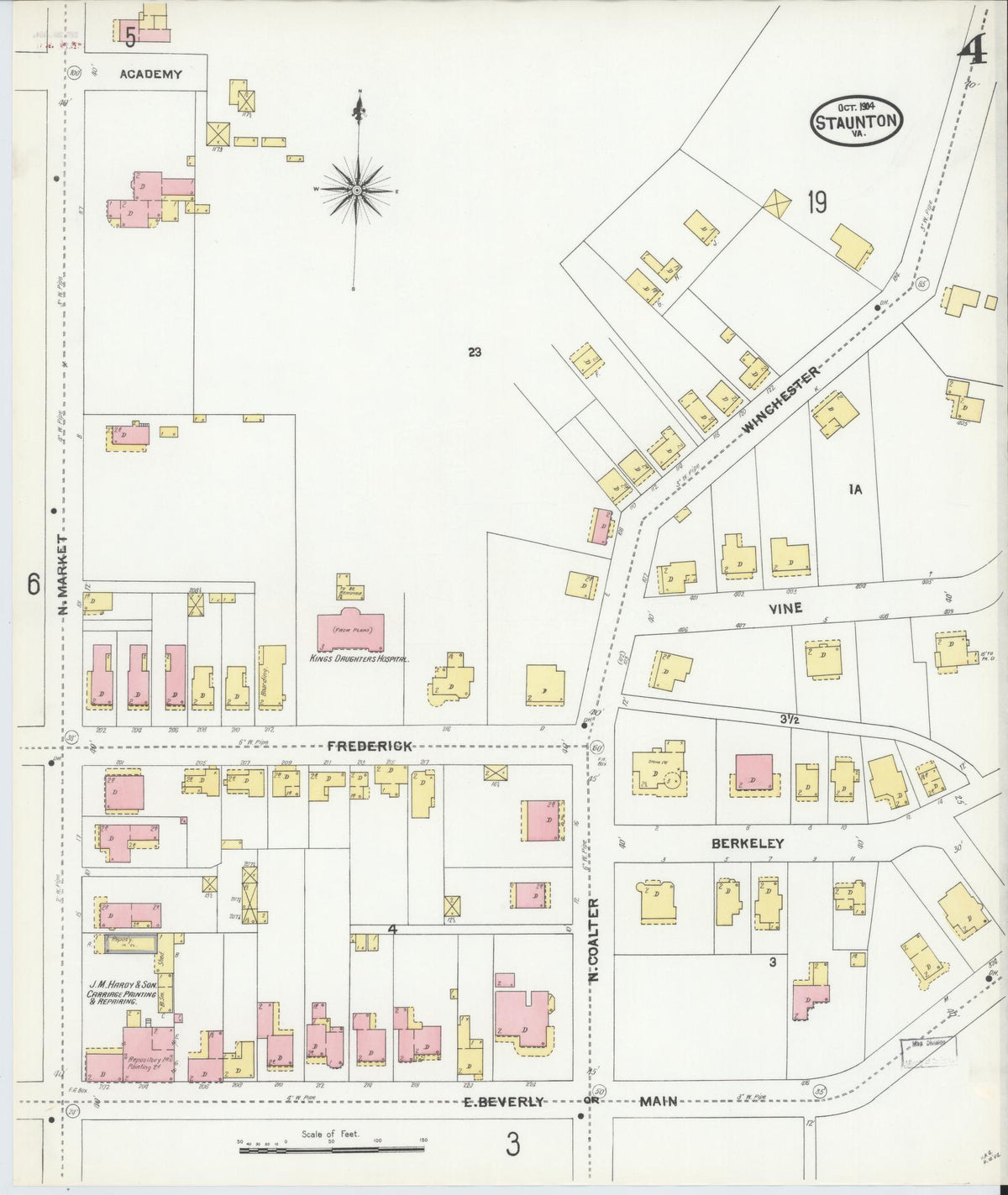 Sanborn Fire Insurance Map from Staunton, Independent Cities, Virginia (1904), Sheet #0004 - Complete Map Set gallery image, historic Sanborn map, vintage wall art, Virginia Virginia
