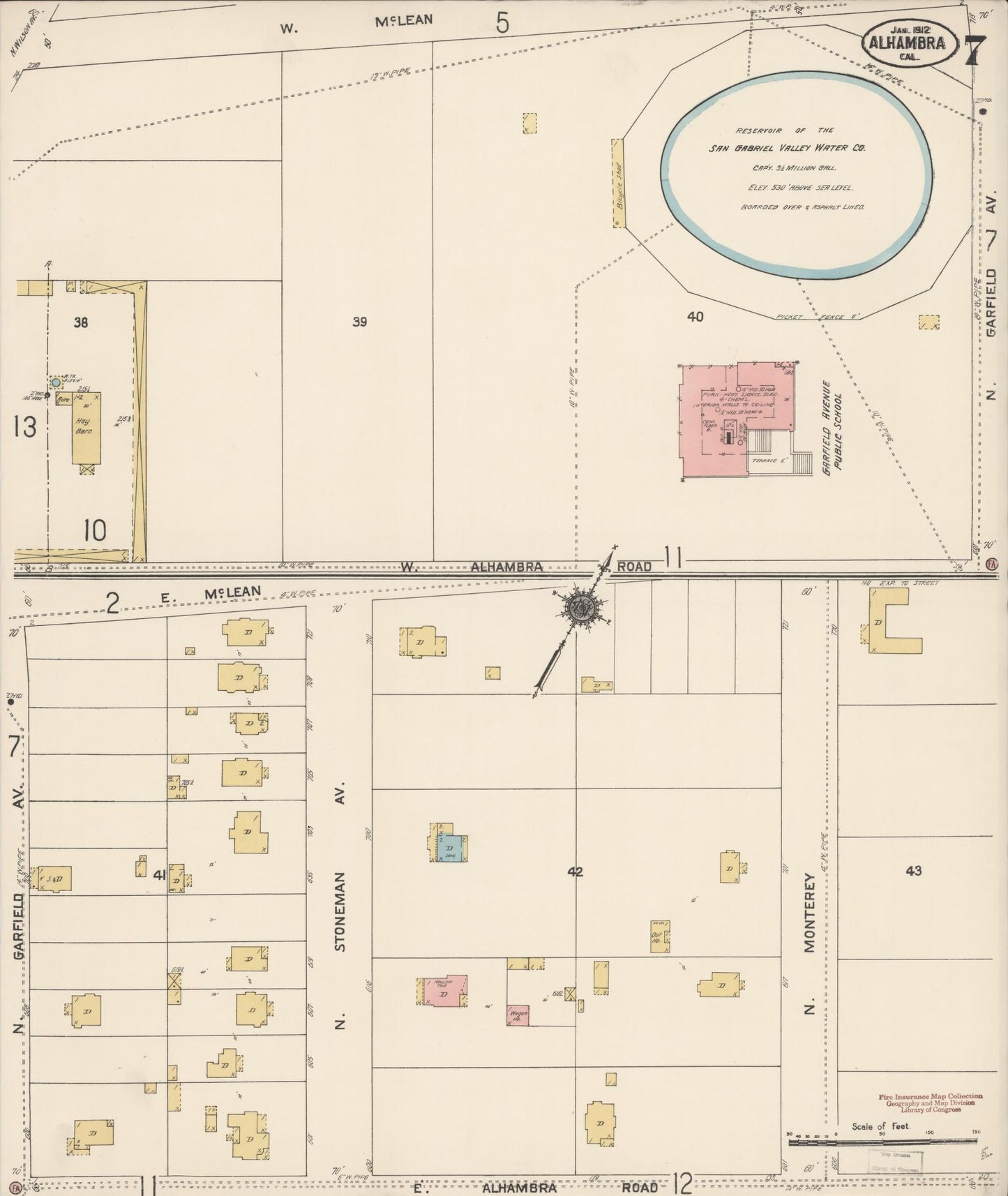 Sanborn Fire Insurance Map from Alhambra, Los Angeles County, California (1912), Sheet #0007 - Historic Sanborn Fire Insurance Map Print, vintage old map wall art, antique decor, genealogy gift, California California map