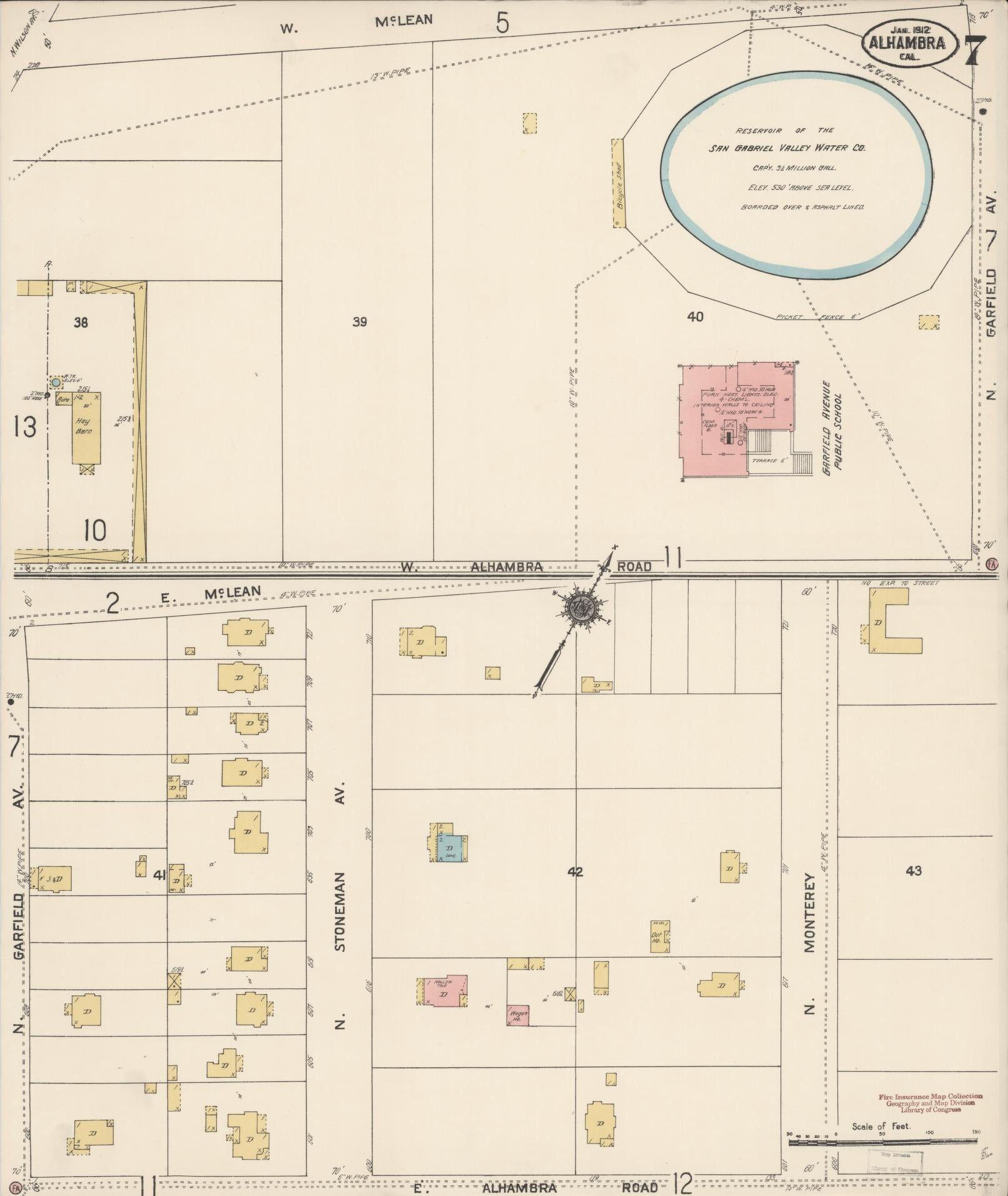 Sanborn Fire Insurance Map from Alhambra, Los Angeles County, California (1912), Sheet #0007 - Historic Sanborn Fire Insurance Map Print, vintage old map wall art, antique decor, genealogy gift, California California map