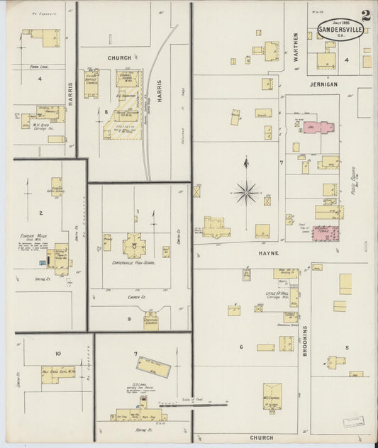 Sanborn Fire Insurance Map from Sandersville, Washington County, Georgia (1895), Sheet #0002 - Historic Sanborn Fire Insurance Map Print, vintage old map wall art, antique decor, genealogy gift, Georgia Georgia map