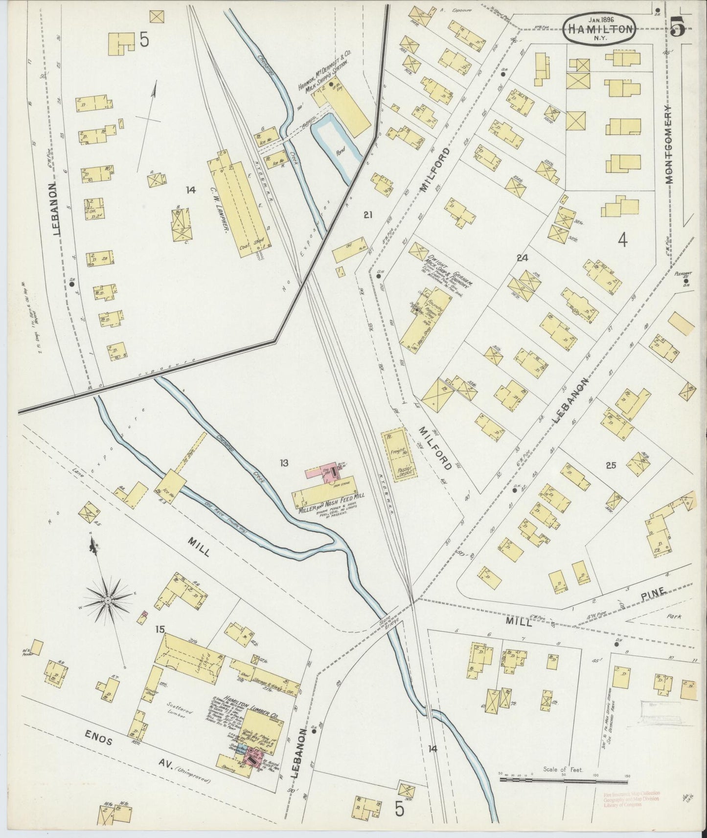 Sanborn Fire Insurance Map from Hamilton, Madison County, New York (1896), Sheet #0005 - Historic Sanborn Fire Insurance Map Print, vintage old map wall art, antique decor, genealogy gift, New York New York map