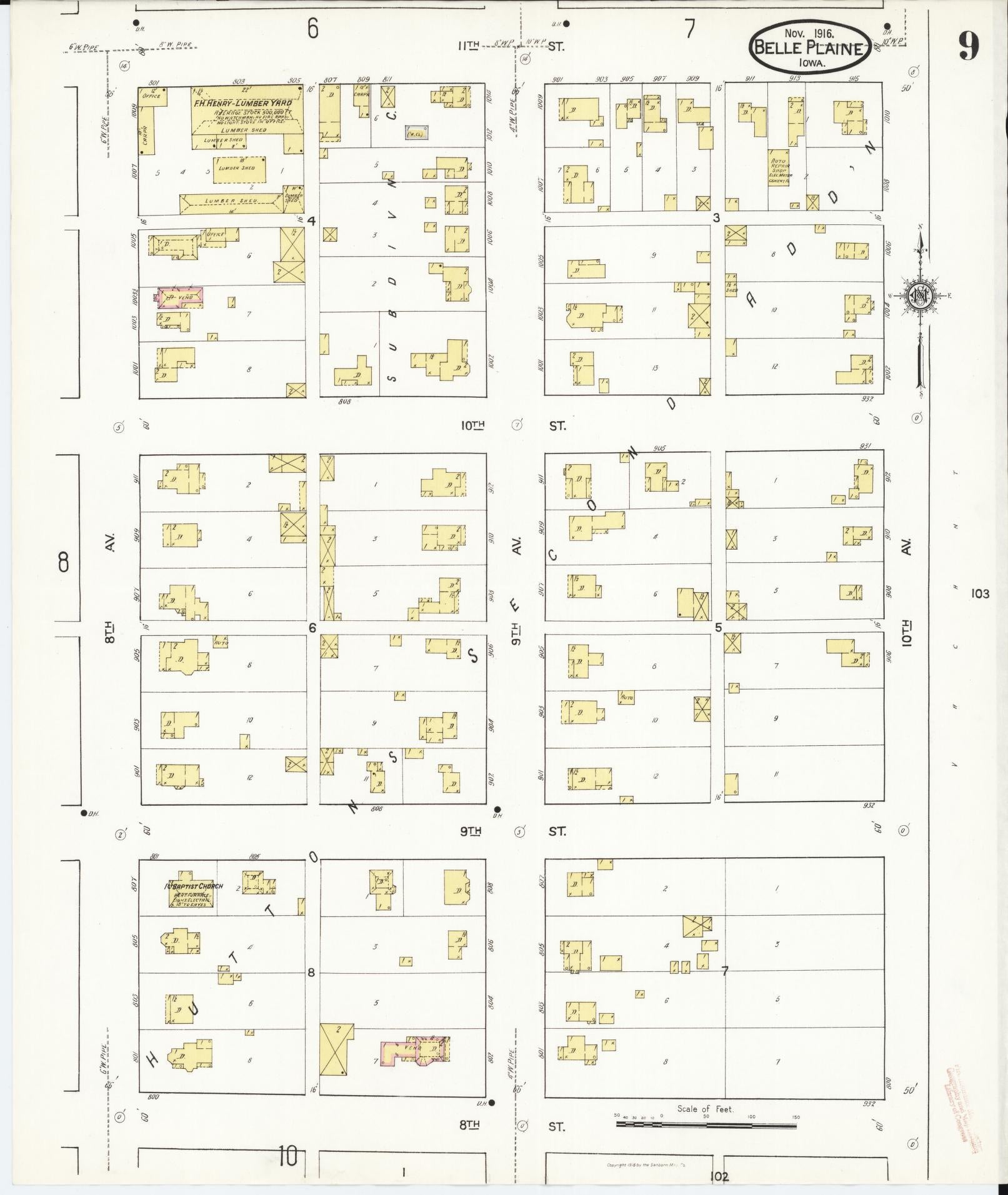Sanborn Fire Insurance Map from Belle Plaine, Benton County, Iowa (1916), Sheet #0009 - Historic Sanborn Fire Insurance Map Print, vintage old map wall art