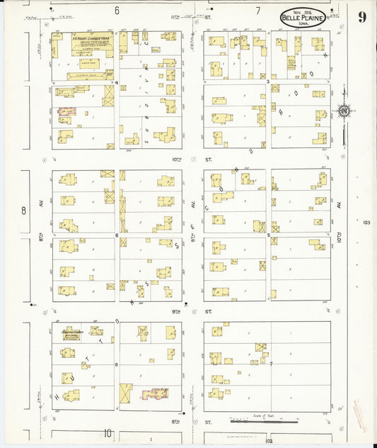 Sanborn Fire Insurance Map from Belle Plaine, Benton County, Iowa (1916), Sheet #0009 - Historic Sanborn Fire Insurance Map Print, vintage old map wall art