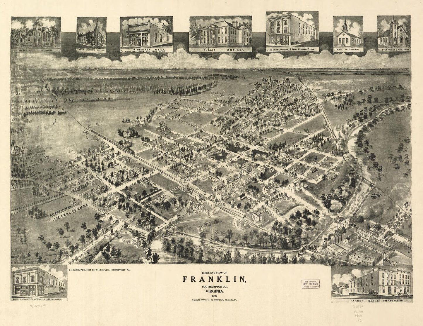 Birds eye view of Franklin, Southampton Co., Virginia 1907. (1907) – Historic Bird’s-Eye View Panorama Print