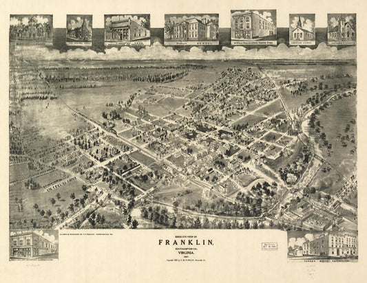 Birds eye view of Franklin, Southampton Co., Virginia 1907. (1907) – Historic Bird’s-Eye View Panorama Print
