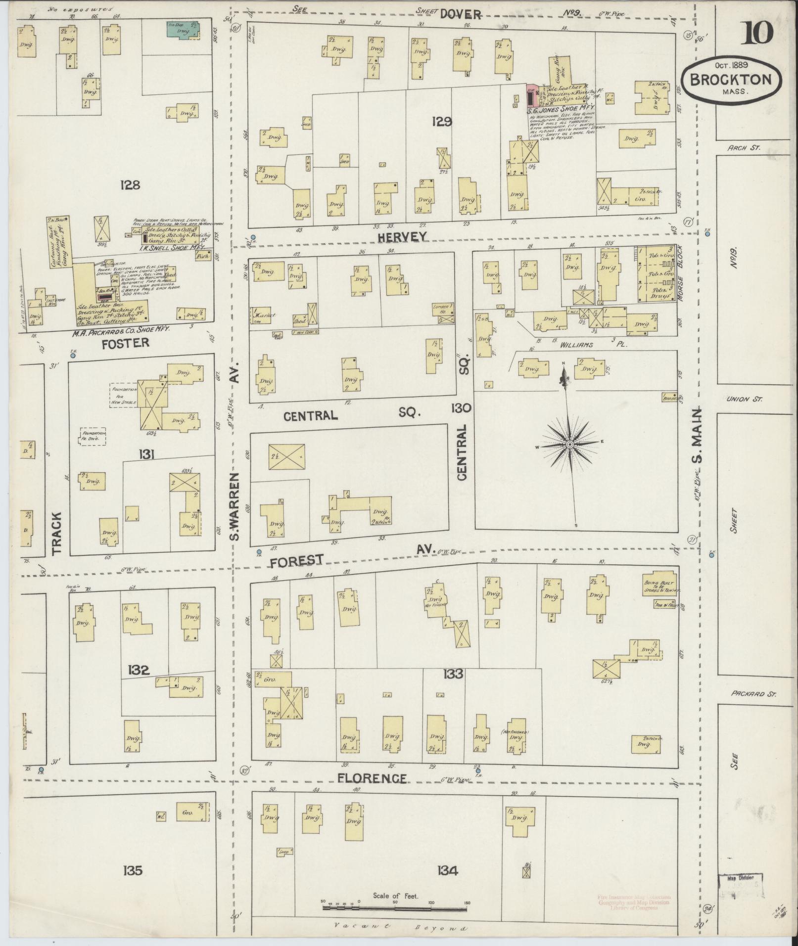 Sanborn Fire Insurance Map from Brockton, Plymouth County, Massachusetts (1889), Sheet #0010 - Historic Sanborn Fire Insurance Map Print, vintage old map wall art, antique decor, genealogy gift, Massachusetts Massachusetts map