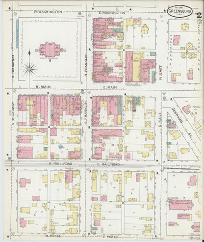 Sanborn Fire Insurance Map from Greensburg, Decatur County, Indiana (1897), Sheet #0002 - Complete Map Set gallery image, historic Sanborn map, vintage wall art, Indiana Indiana