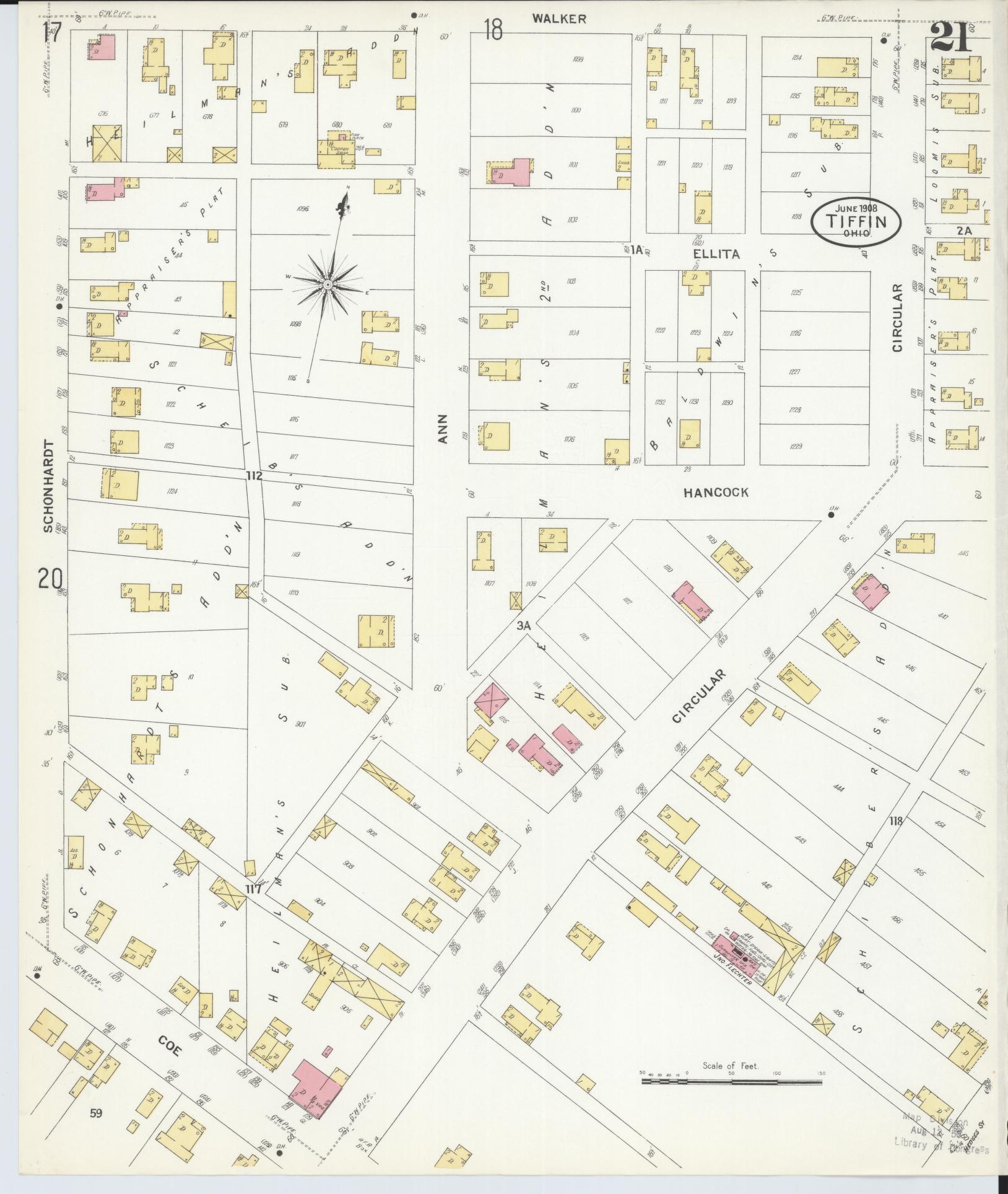 Sanborn Fire Insurance Map from Tiffin, Seneca County, Ohio (1908), Sheet #0021 - Complete Map Set gallery image, historic Sanborn map, vintage wall art, Ohio Ohio