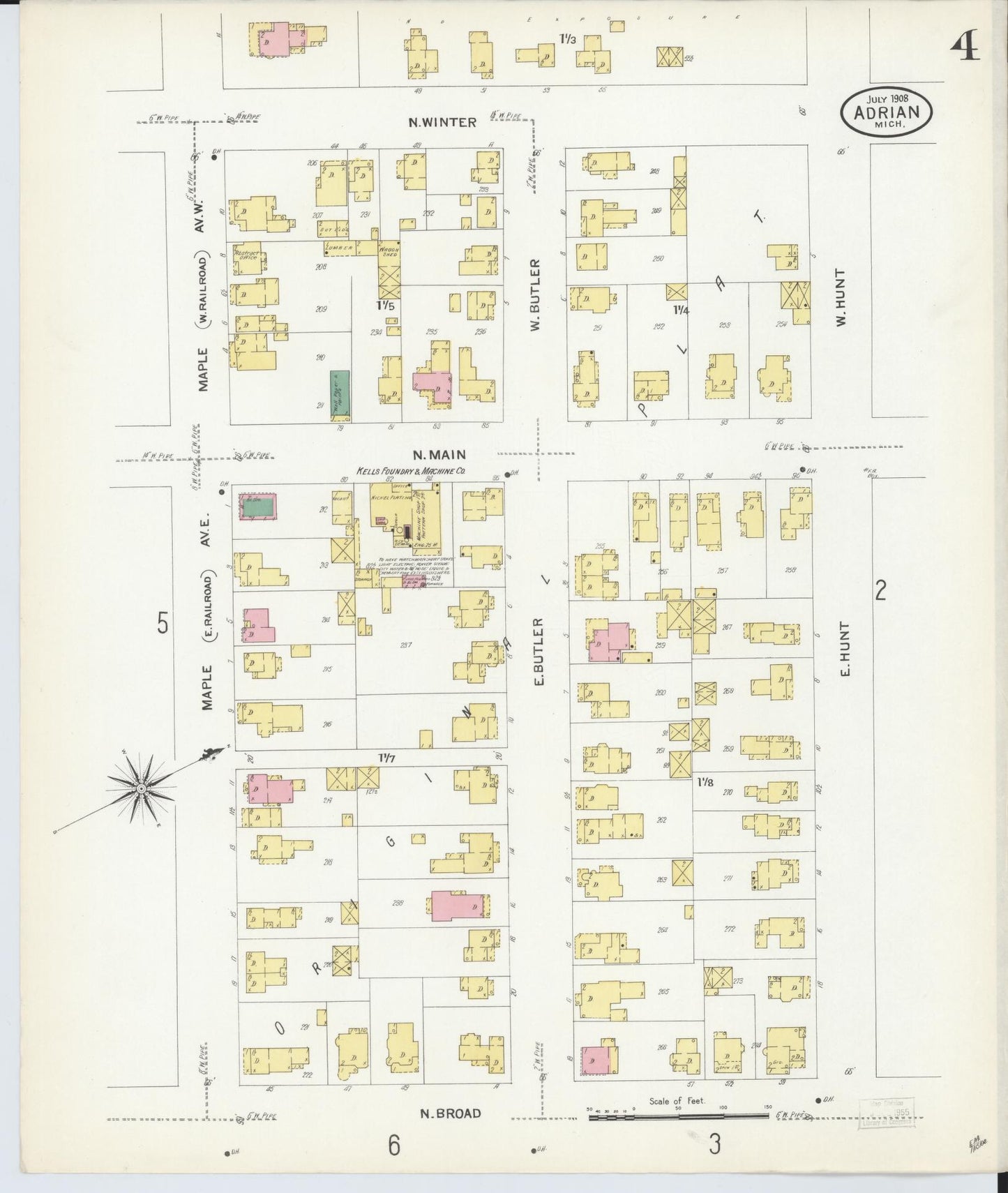 Sanborn Fire Insurance Map from Adrian, Lenawee County, Michigan (1908), Sheet #0004 - Complete Map Set gallery image, historic Sanborn map, vintage wall art, Michigan Michigan