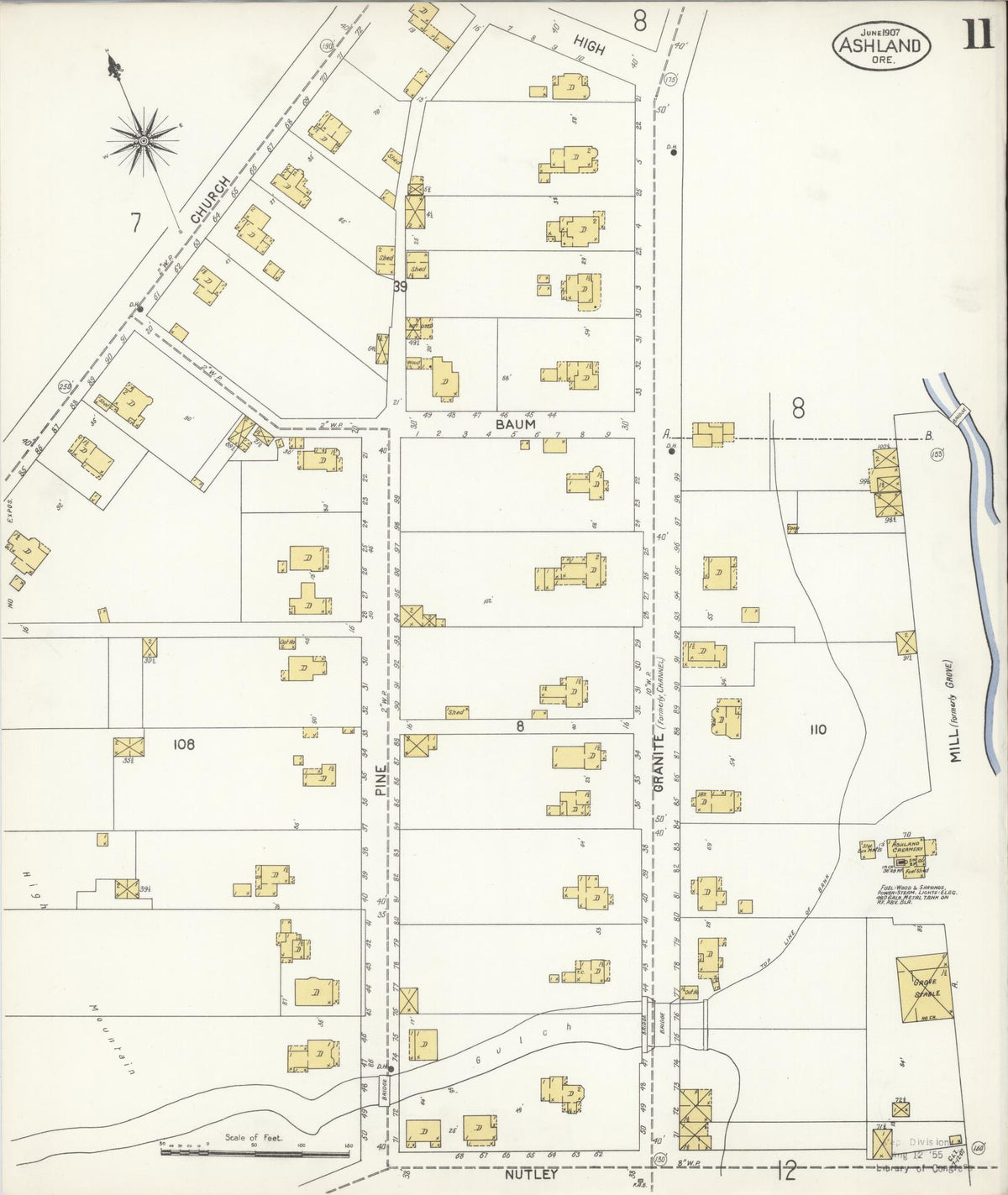 Sanborn Fire Insurance Map from Ashland, Jackson County, Oregon (1907), Sheet #0011 - Historic Sanborn Fire Insurance Map Print, vintage old map wall art, antique decor, genealogy gift, Oregon Oregon map