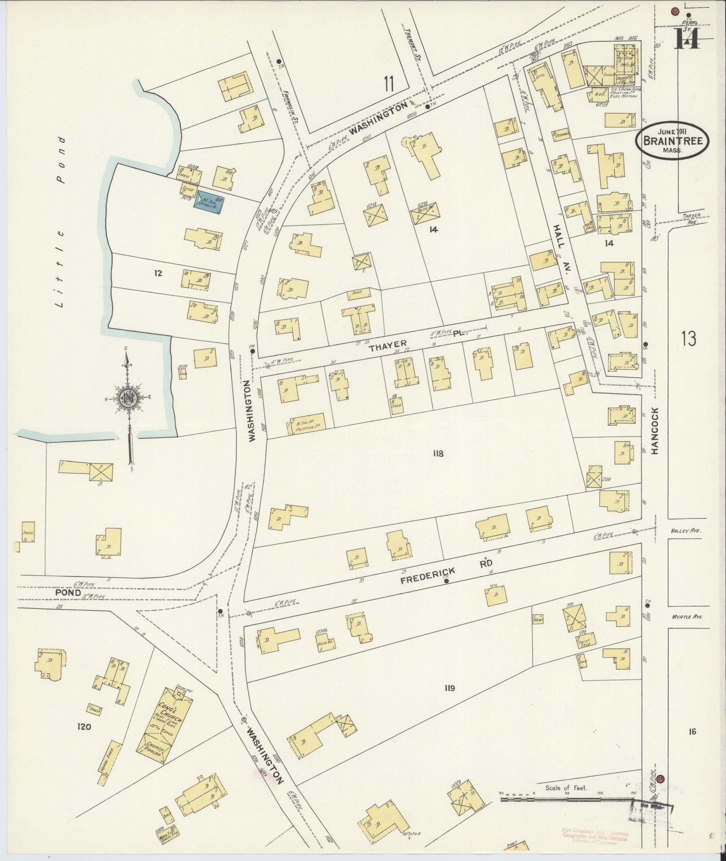 Sanborn Fire Insurance Map from Braintree, Norfolk County, Massachusetts (1911), Sheet #0014 - Complete Map Set gallery image, historic Sanborn map, vintage wall art, Massachusetts Massachusetts