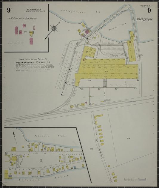 Sanborn Fire Insurance Map from Tiverton, Newport County, Rhode Island (1933), Sheet #0009 - Historic Sanborn Fire Insurance Map Print, vintage old map wall art, antique decor, genealogy gift, Rhode Island Rhode Island map