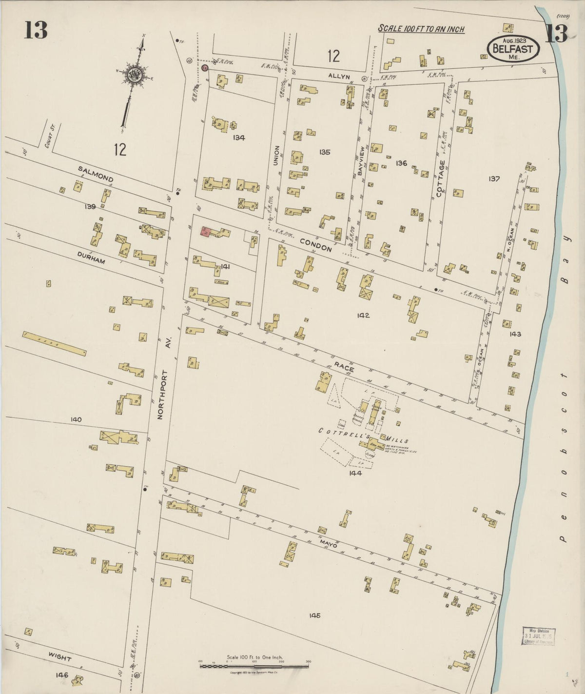 Sanborn Fire Insurance Map from Belfast, Waldo County, Maine (1923), Sheet #0013 - Complete Map Set gallery image, historic Sanborn map, vintage wall art, Maine Maine