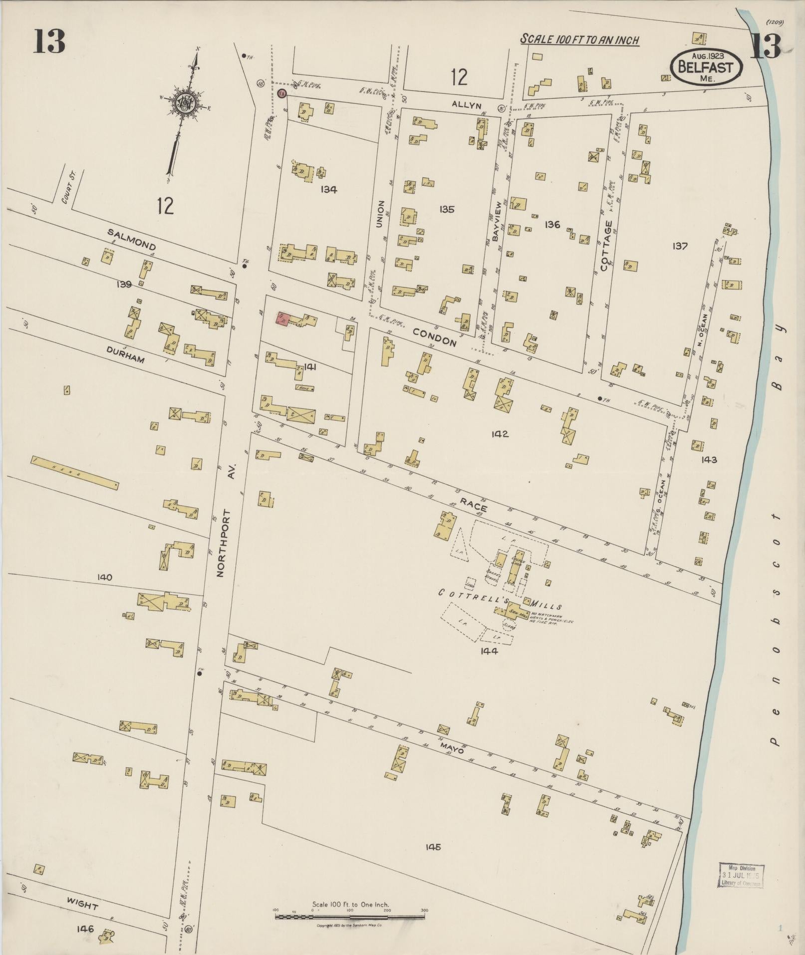 Sanborn Fire Insurance Map from Belfast, Waldo County, Maine (1923), Sheet #0013 - Complete Map Set gallery image, historic Sanborn map, vintage wall art, Maine Maine