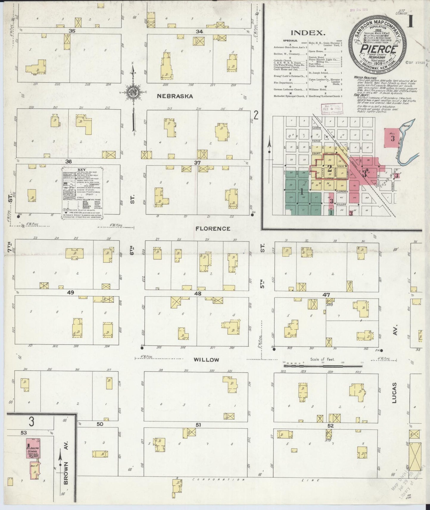 Sanborn Fire Insurance Map from Pierce, Pierce County, Nebraska (1909), Sheet #0001 - Historic Sanborn Fire Insurance Map Print, vintage old map wall art, antique decor, genealogy gift, Nebraska Nebraska map