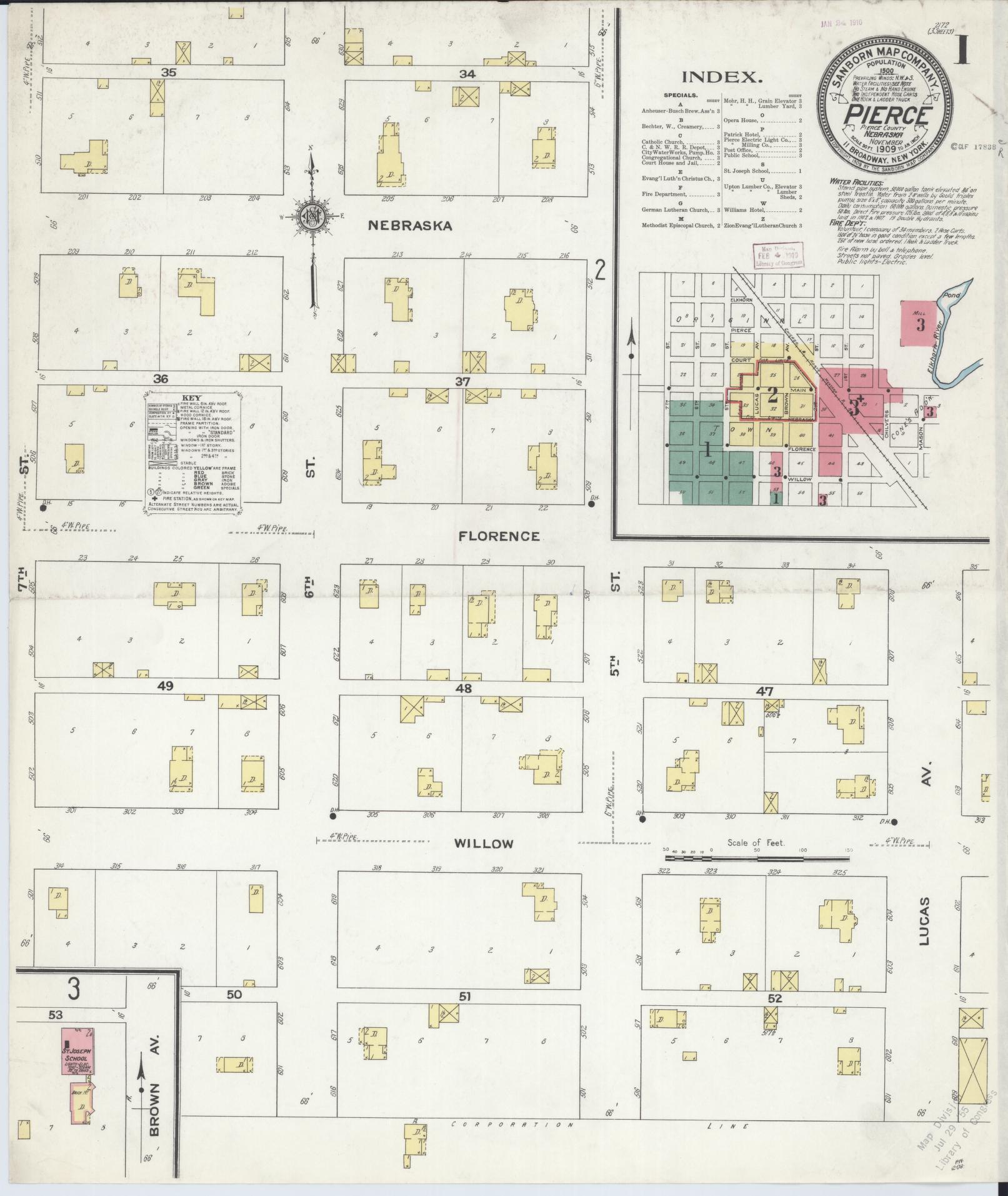 Sanborn Fire Insurance Map from Pierce, Pierce County, Nebraska (1909), Sheet #0001 - Historic Sanborn Fire Insurance Map Print, vintage old map wall art, antique decor, genealogy gift, Nebraska Nebraska map