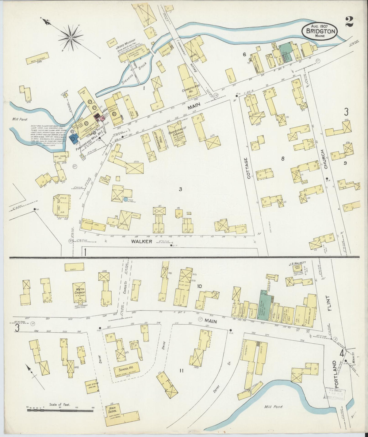 Sanborn Fire Insurance Map from Bridgton, Cumberland County, Maine (1907), Sheet #0002 - Complete Map Set gallery image, historic Sanborn map, vintage wall art, Maine Maine