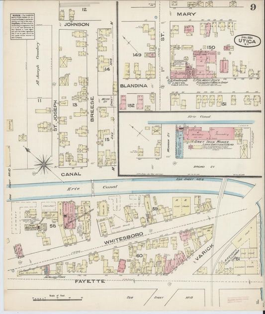 Sanborn Fire Insurance Map from Utica, Oneida County, New York (1884), Sheet #0009 - Historic Sanborn Fire Insurance Map Print, vintage old map wall art, antique decor, genealogy gift, New York New York map
