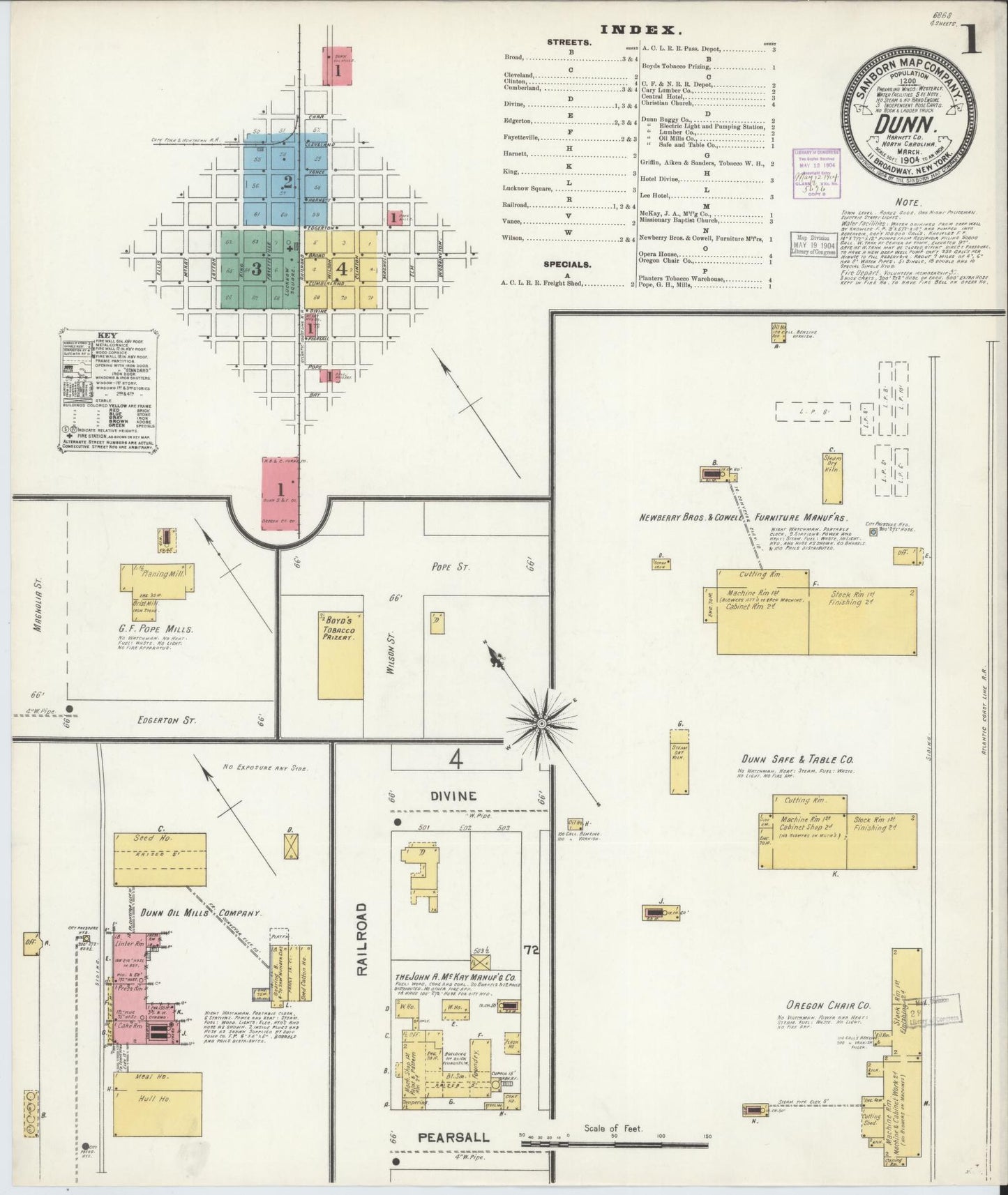 Sanborn Fire Insurance Map from Dunn, Harnett County, North Carolina (1904), Sheet #0001 - Complete Map Set gallery image, historic Sanborn map, vintage wall art, North Carolina North Carolina