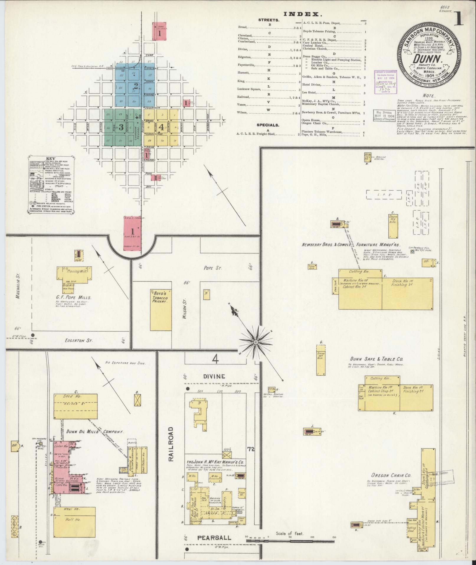 Sanborn Fire Insurance Map from Dunn, Harnett County, North Carolina (1904), Sheet #0001 - Complete Map Set gallery image, historic Sanborn map, vintage wall art, North Carolina North Carolina