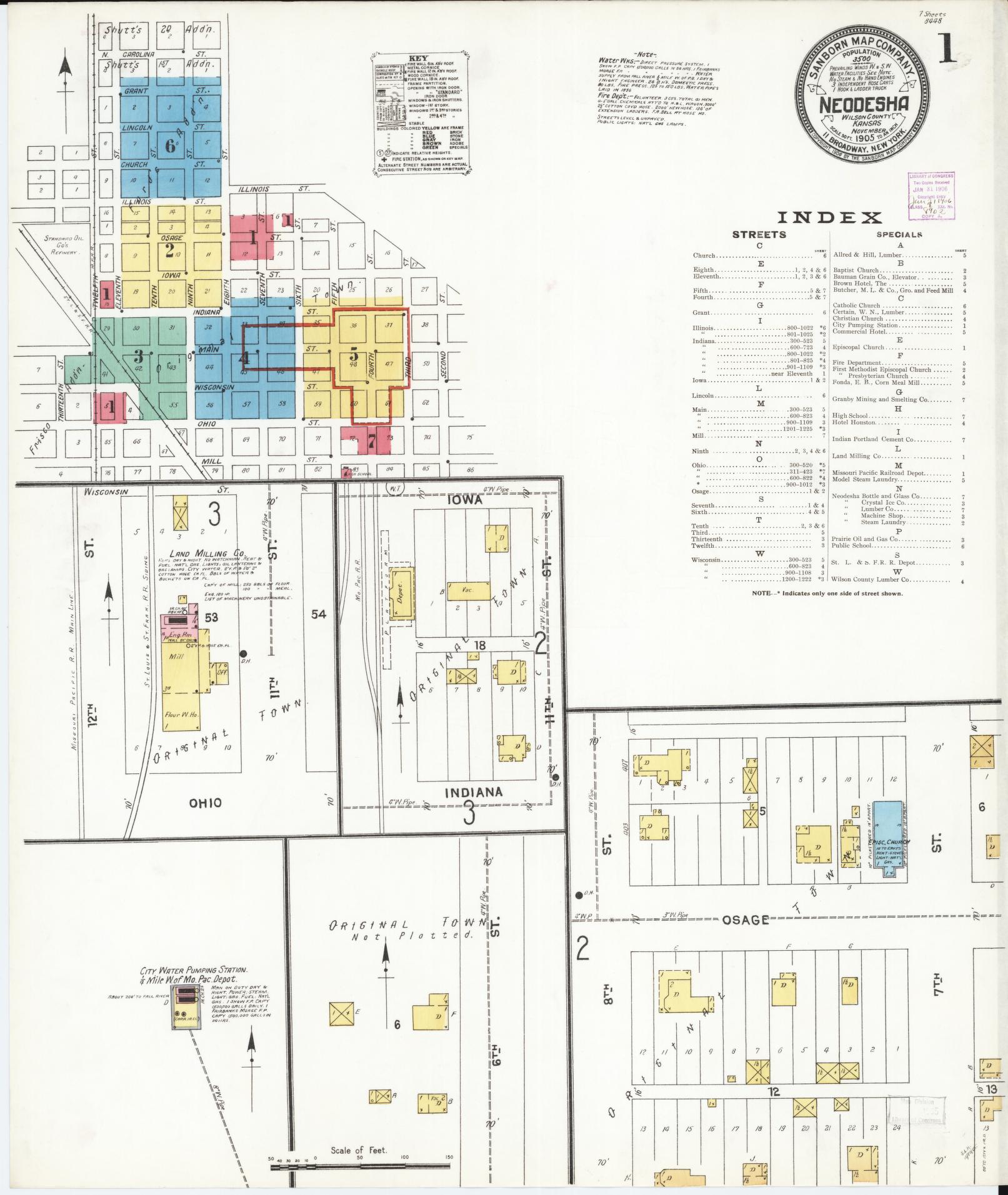 Sanborn Fire Insurance Map from Neodesha, Wilson County, Kansas (1905), Sheet #0001 - Historic Sanborn Fire Insurance Map Print, vintage old map wall art, antique decor, genealogy gift, Kansas Kansas map