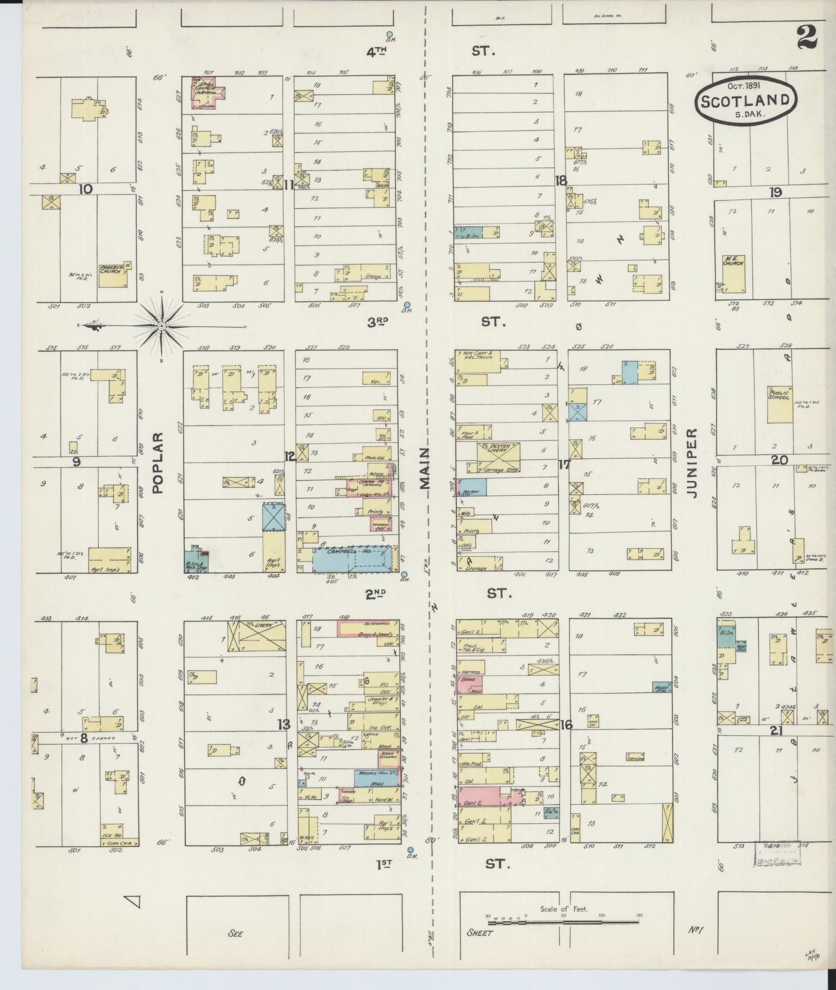 Sanborn Fire Insurance Map from Scotland, Bon Homme County, South Dakota (1891), Sheet #0002 - Complete Map Set gallery image, historic Sanborn map, vintage wall art, South Dakota South Dakota