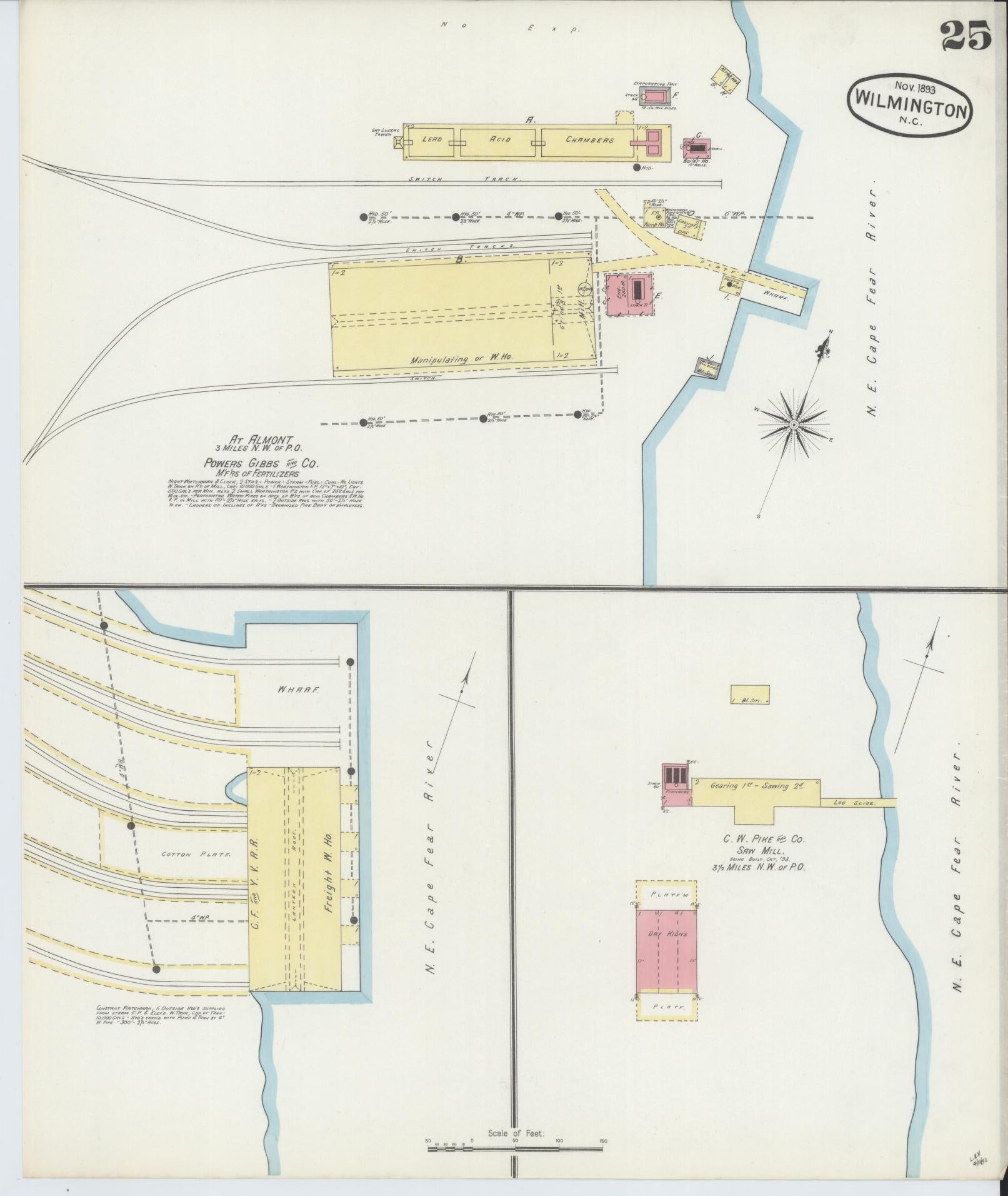 Sanborn Fire Insurance Map from Wilmington, New Hanover County, North Carolina (1893), Sheet #0025 - Historic Sanborn Fire Insurance Map Print, vintage old map wall art, antique decor, genealogy gift, North Carolina North Carolina map
