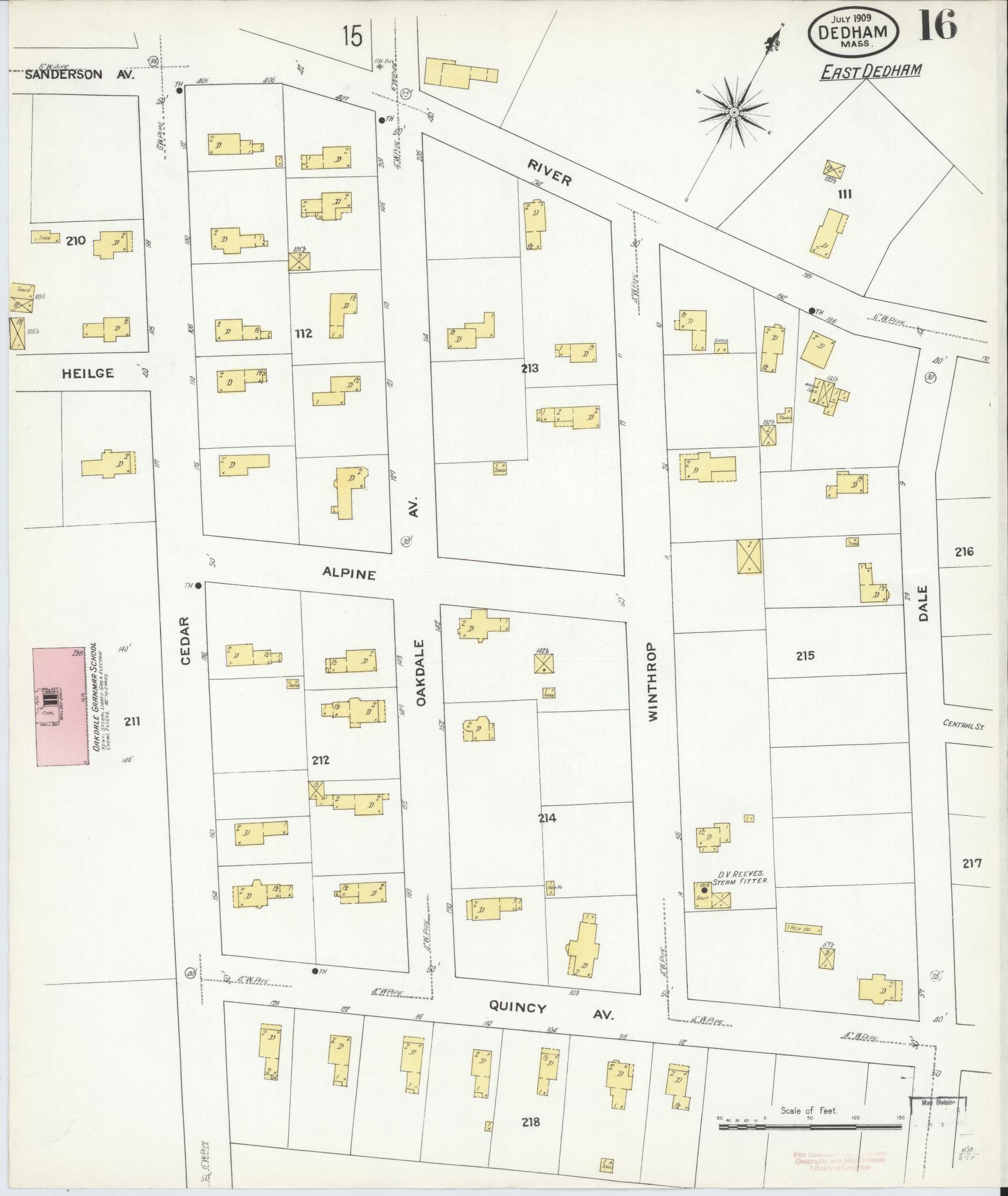 Sanborn Fire Insurance Map from Dedham, Norfolk County, Massachusetts (1909), Sheet #0016 - Historic Sanborn Fire Insurance Map Print, vintage old map wall art, antique decor, genealogy gift, Massachusetts Massachusetts map