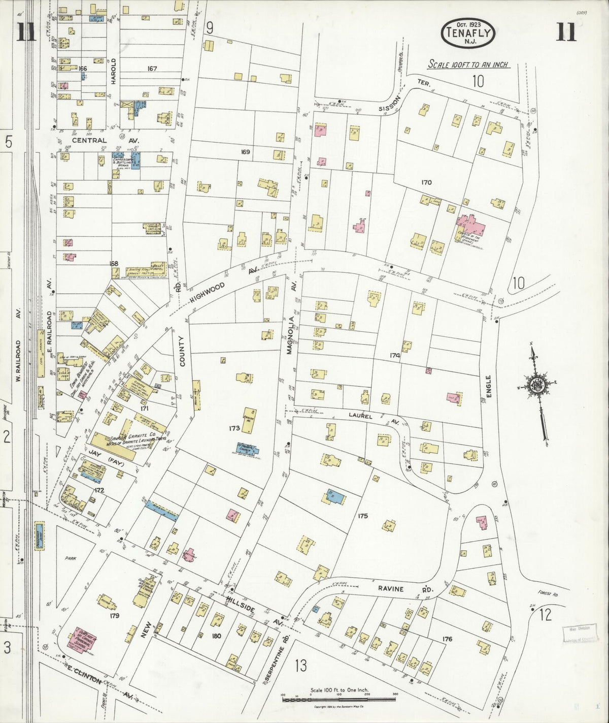 Sanborn Fire Insurance Map from Tenafly, Bergen County, New Jersey (1923), Sheet #0011 - Historic Sanborn Fire Insurance Map Print, vintage old map wall art, antique decor, genealogy gift, New Jersey New Jersey map