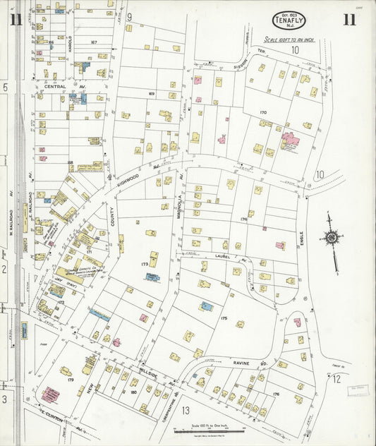 Sanborn Fire Insurance Map from Tenafly, Bergen County, New Jersey (1923), Sheet #0011 - Historic Sanborn Fire Insurance Map Print, vintage old map wall art, antique decor, genealogy gift, New Jersey New Jersey map