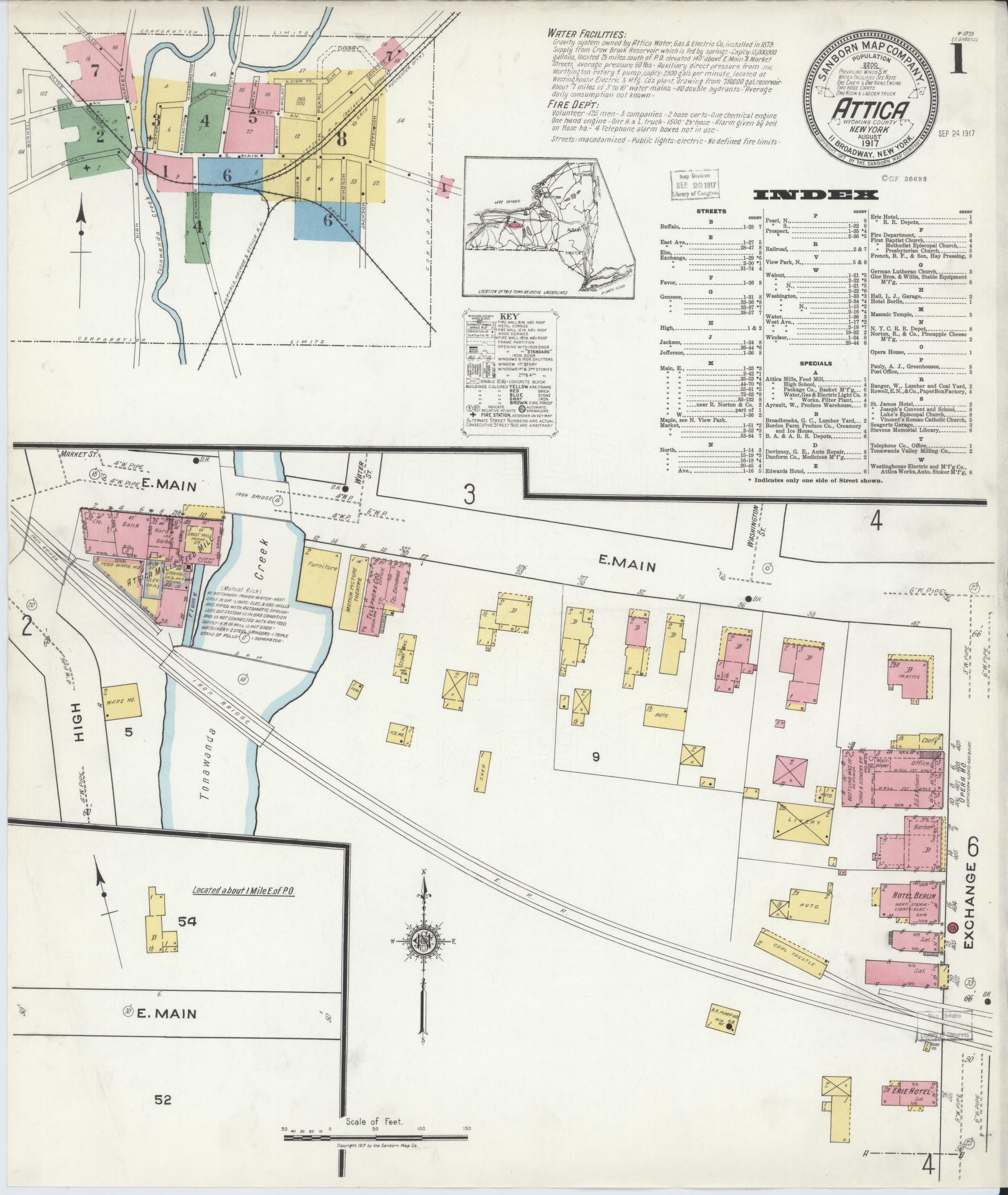 Sanborn Fire Insurance Map from Attica, Wyoming County, New York (1917), Sheet #0001 - Complete Map Set gallery image, historic Sanborn map, vintage wall art, Attica Wyoming