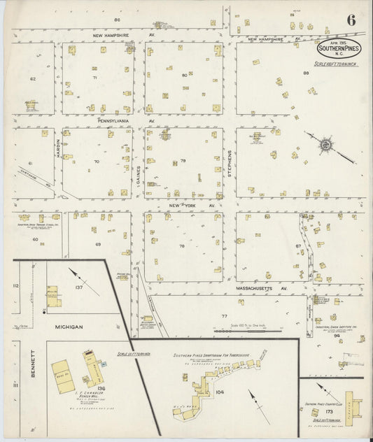 Sanborn Fire Insurance Map from Southern Pines, Moore County, North Carolina (1915), Sheet #0006 - Historic Sanborn Fire Insurance Map Print, vintage old map wall art, antique decor, genealogy gift, North Carolina North Carolina map