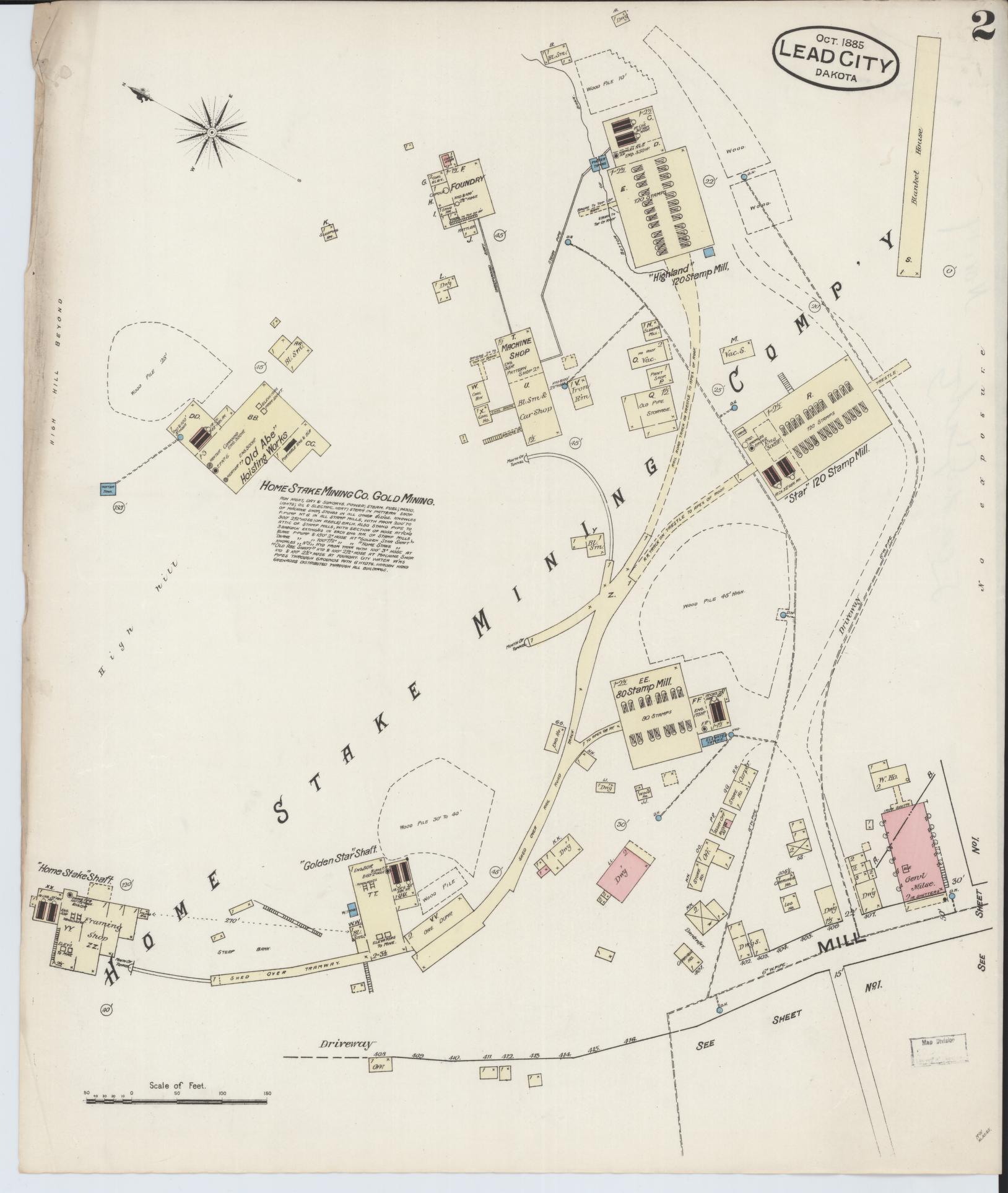 Sanborn Fire Insurance Map from Lead, Lawrence County, South Dakota (1885), Sheet #0002 - Complete Map Set gallery image, historic Sanborn map, vintage wall art, South Dakota South Dakota
