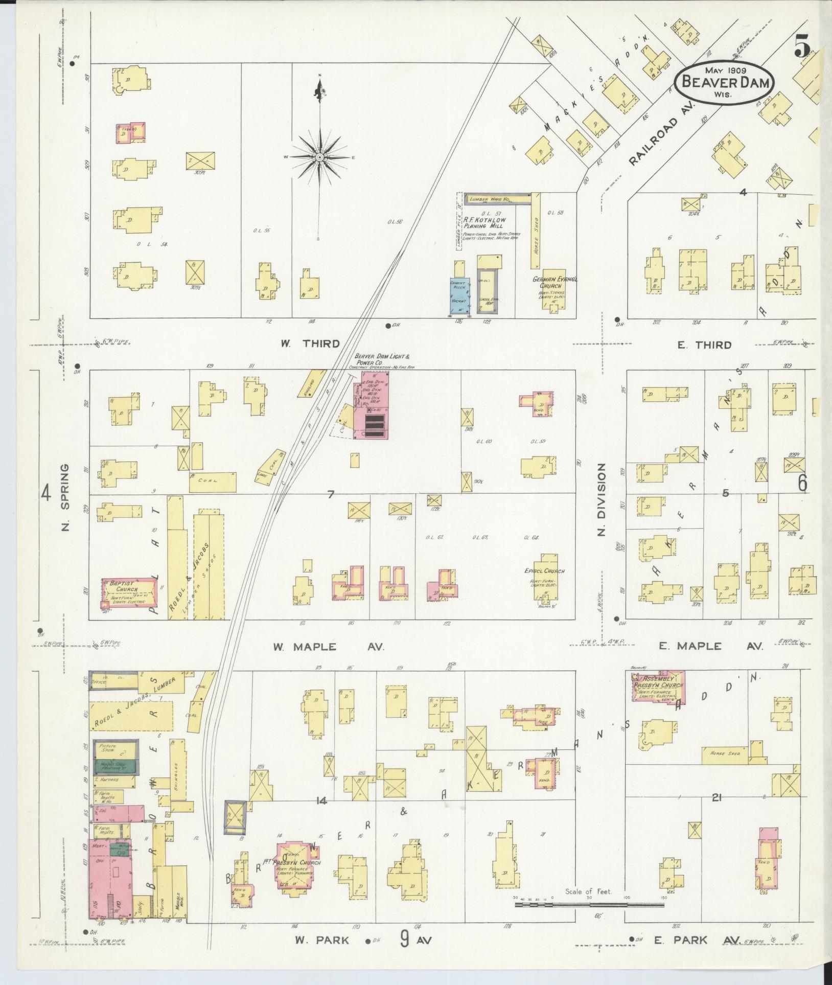 Sanborn Fire Insurance Map from Beaver Dam, Dodge County, Wisconsin (1909), Sheet #0005 - Historic Sanborn Fire Insurance Map Print, vintage old map wall art, antique decor, genealogy gift, Wisconsin Wisconsin map