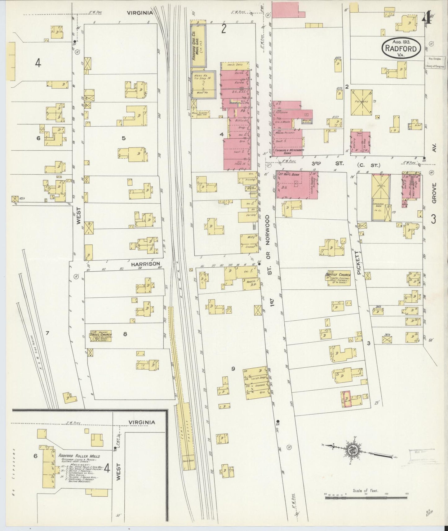 Sanborn Fire Insurance Map from Radford, Independent Cities, Virginia (1913), Sheet #0004 - Historic Sanborn Fire Insurance Map Print, vintage old map wall art, antique decor, genealogy gift, Virginia Virginia map