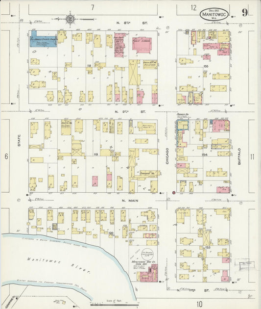 Sanborn Fire Insurance Map from Manitowoc, Manitowoc County, Wisconsin (1912), Sheet #0009 - Historic Sanborn Fire Insurance Map Print, vintage old map wall art, antique decor, genealogy gift, Wisconsin Wisconsin map