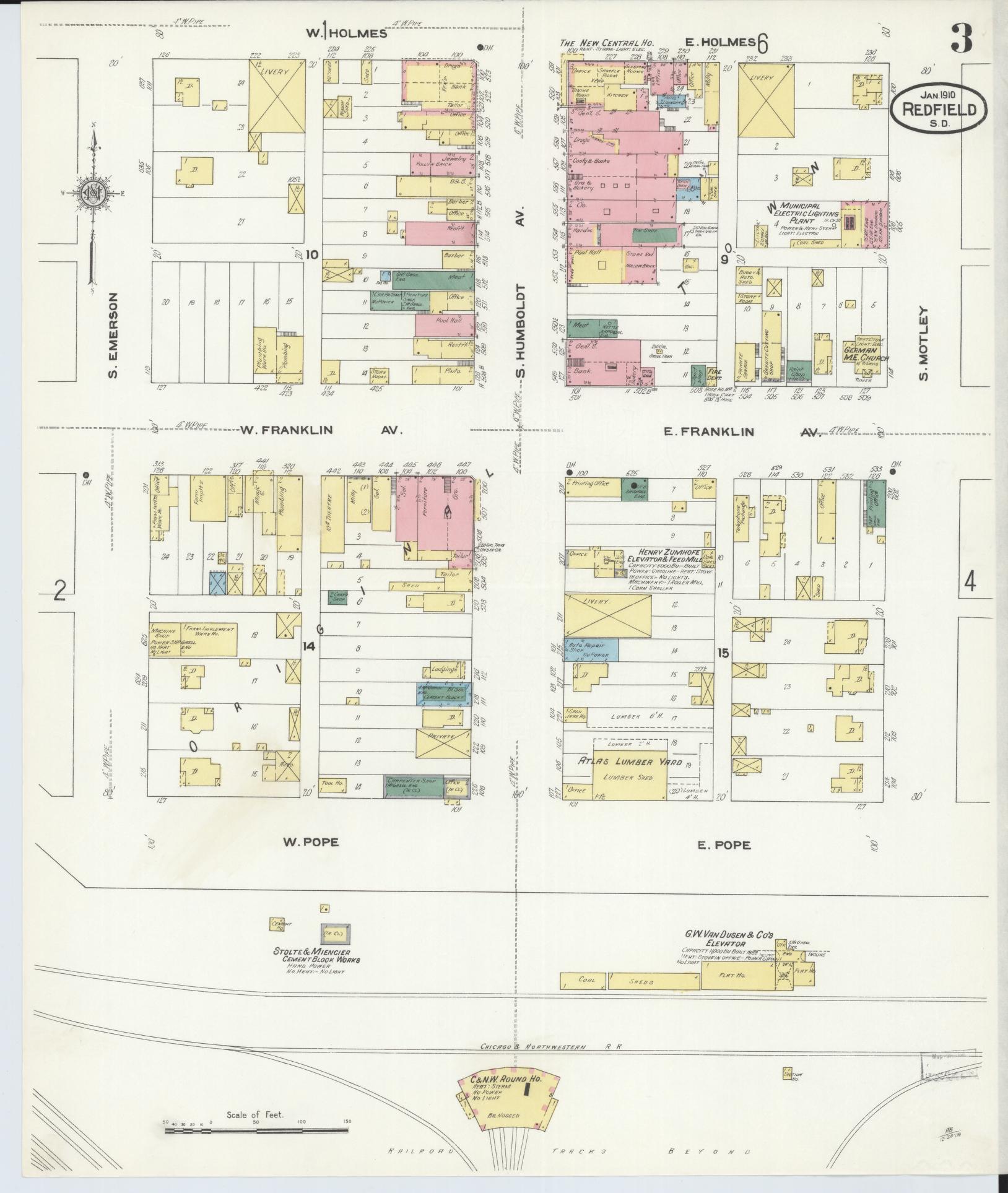 Sanborn Fire Insurance Map from Redfield, Spink County, South Dakota (1910), Sheet #0003 - Historic Sanborn Fire Insurance Map Print, vintage old map wall art, antique decor, genealogy gift, South Dakota South Dakota map