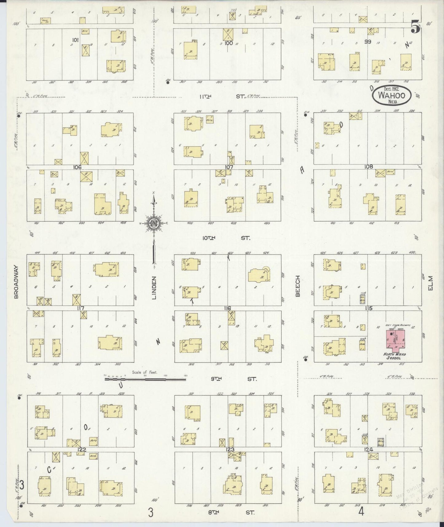 Sanborn Fire Insurance Map from Wahoo, Saunders County, Nebraska (1912), Sheet #0005 - Historic Sanborn Fire Insurance Map Print, vintage old map wall art, antique decor, genealogy gift, Nebraska Nebraska map