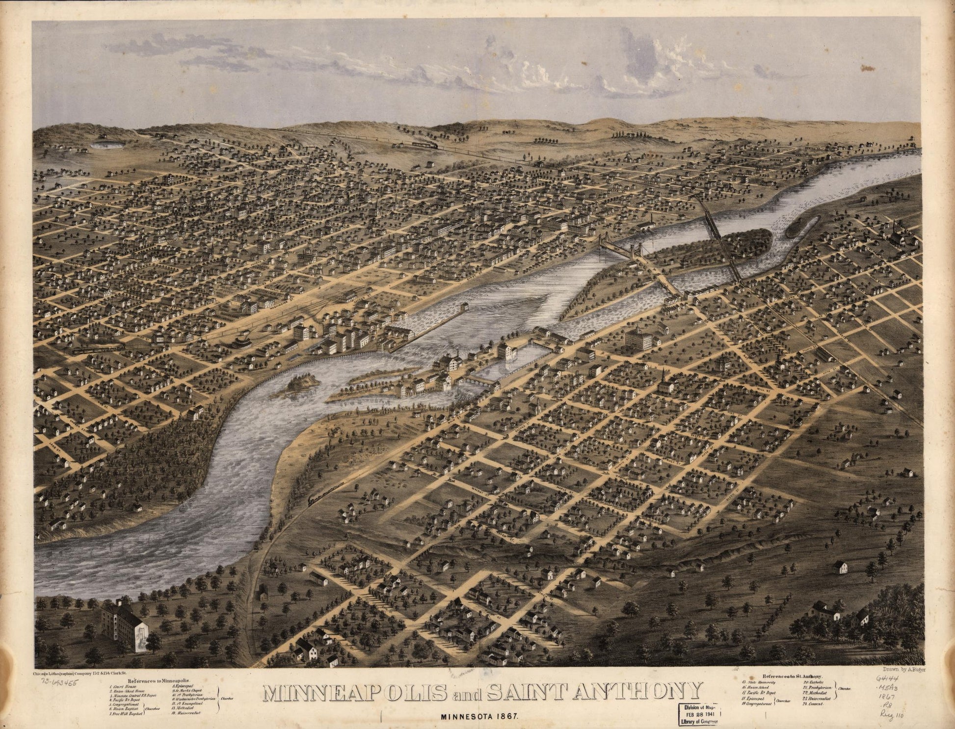 Minneapolis and Saint Anthony, Minnesota 1867. (1867) – Historic Bird’s-Eye View Panorama Print