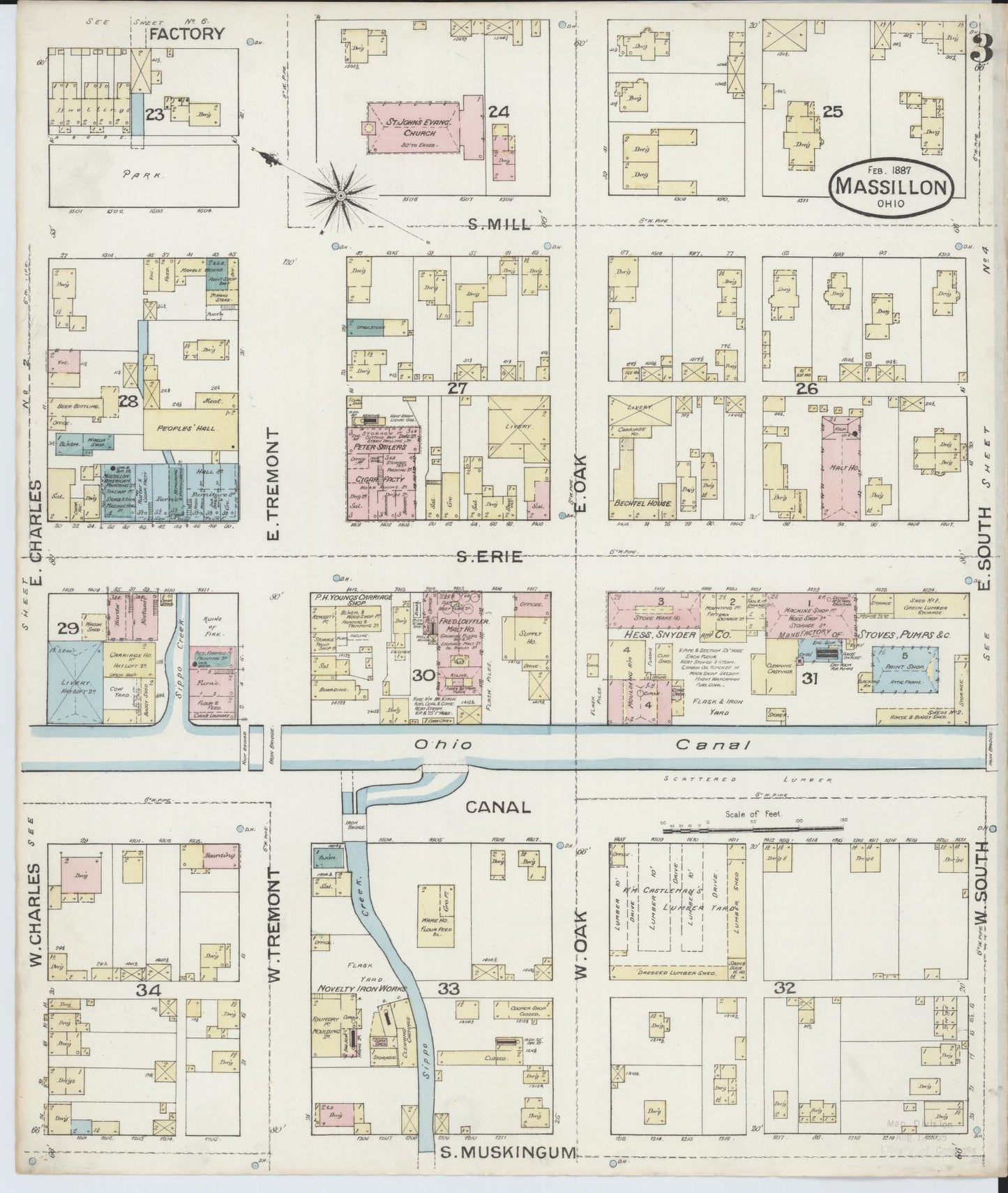 Sanborn Fire Insurance Map from Massillon, Stark County, Ohio (1887), Sheet #0003 - Historic Sanborn Fire Insurance Map Print, vintage old map wall art, antique decor, genealogy gift, Ohio Ohio map