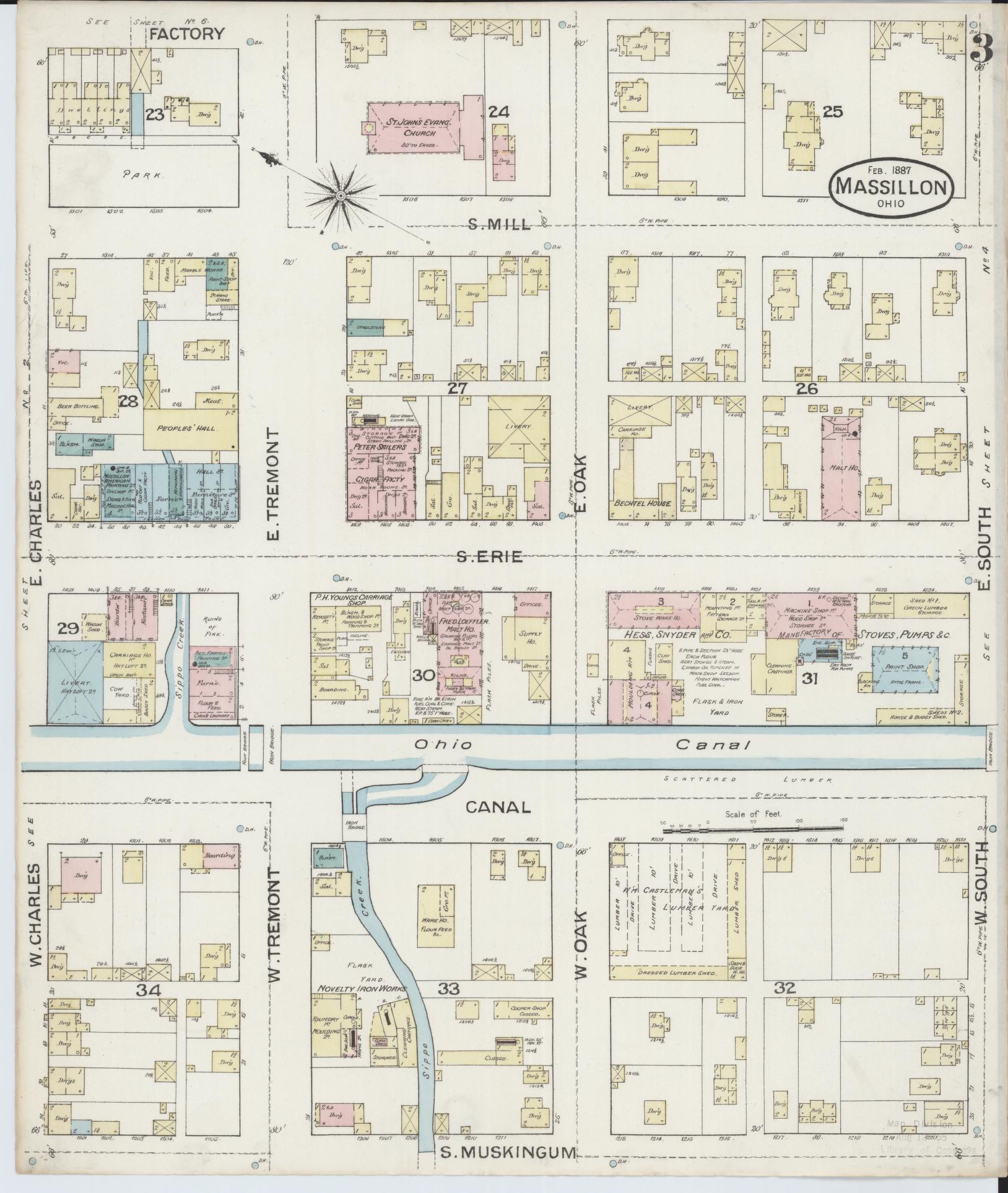 Sanborn Fire Insurance Map from Massillon, Stark County, Ohio (1887), Sheet #0003 - Historic Sanborn Fire Insurance Map Print, vintage old map wall art, antique decor, genealogy gift, Ohio Ohio map