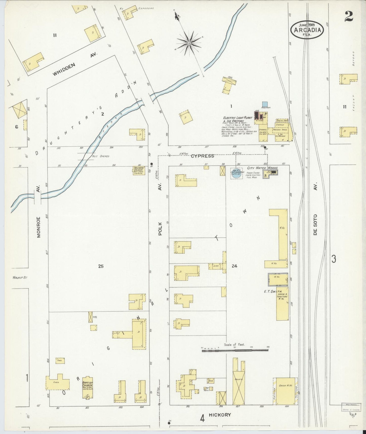 Sanborn Fire Insurance Map from Arcadia, DeSoto County, Florida (1909), Sheet #0002 - Complete Map Set gallery image, historic Sanborn map, vintage wall art, Florida Florida