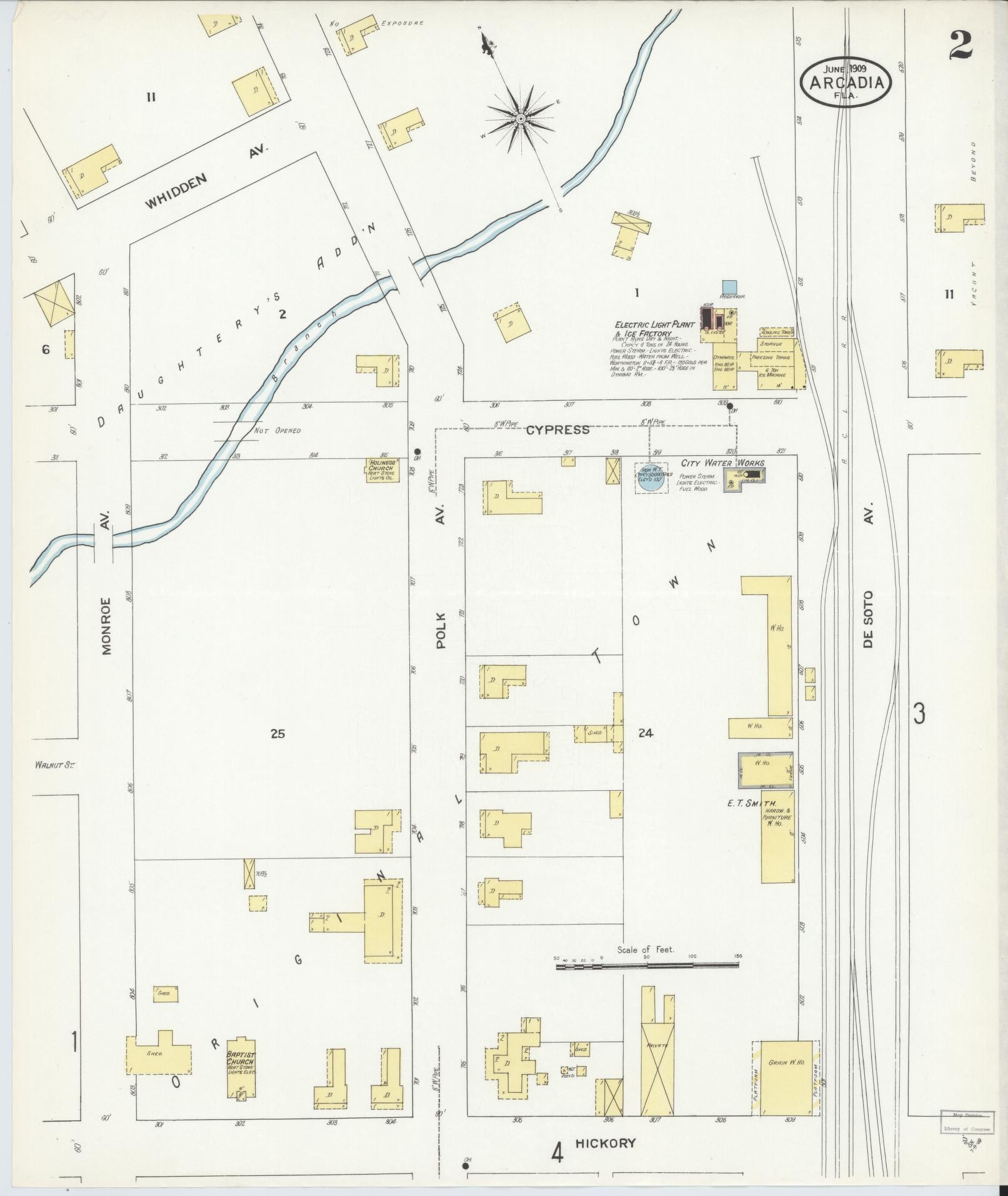 Sanborn Fire Insurance Map from Arcadia, DeSoto County, Florida (1909), Sheet #0002 - Complete Map Set gallery image, historic Sanborn map, vintage wall art, Florida Florida