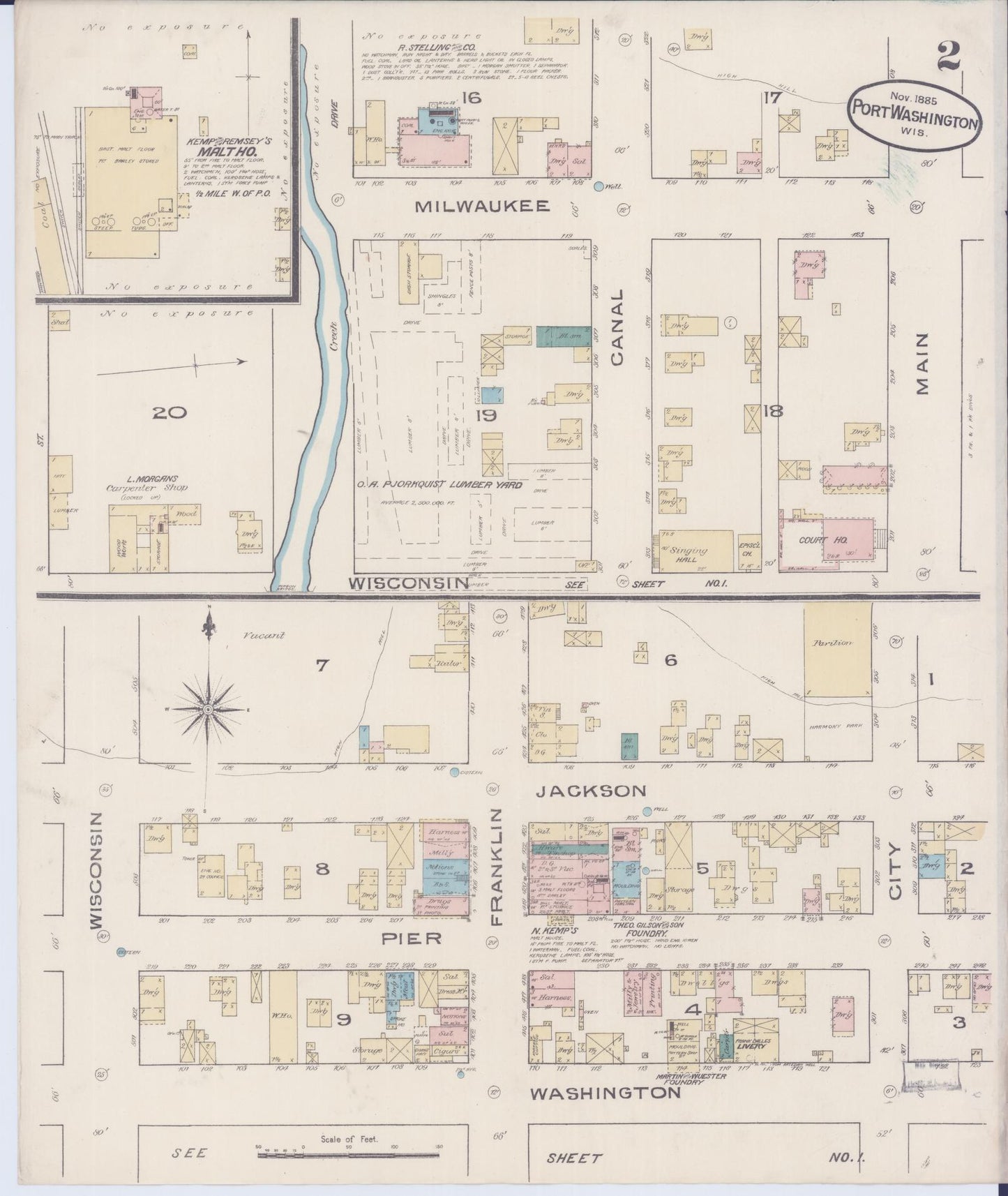 Sanborn Fire Insurance Map from Port Washington, Ozaukee County, Wisconsin (1885), Sheet #0002 - Historic Sanborn Fire Insurance Map Print, vintage old map wall art, antique decor, genealogy gift, Wisconsin Wisconsin map