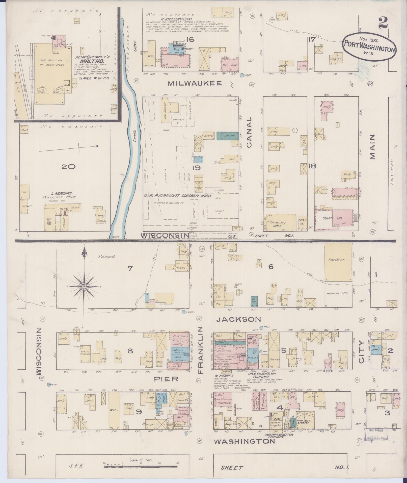 Sanborn Fire Insurance Map from Port Washington, Ozaukee County, Wisconsin (1885), Sheet #0002 - Historic Sanborn Fire Insurance Map Print, vintage old map wall art, antique decor, genealogy gift, Wisconsin Wisconsin map
