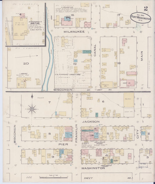 Sanborn Fire Insurance Map from Port Washington, Ozaukee County, Wisconsin (1885), Sheet #0002 - Historic Sanborn Fire Insurance Map Print, vintage old map wall art, antique decor, genealogy gift, Wisconsin Wisconsin map